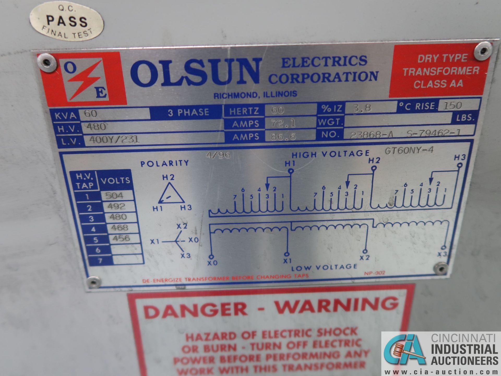 60 KVA OLSUN DRY TYPE TRANSFORMER *$25.00 RIGGING FEE DUE TO INDUSTRIAL SERVICES AND SALES* - Image 2 of 2