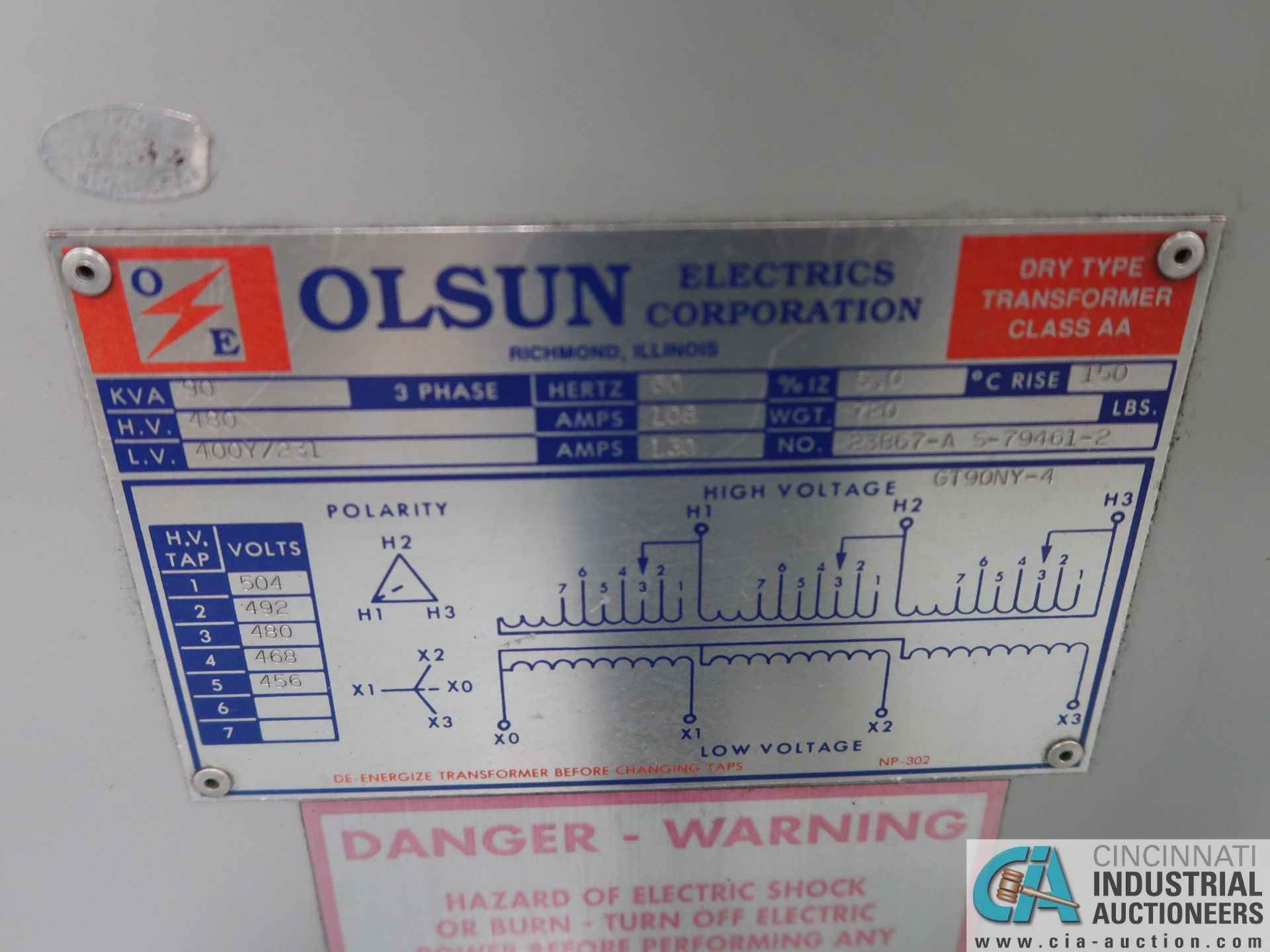 90 KVA OLSUN DRY TYPE TRANSFORMER *$25.00 RIGGING FEE DUE TO INDUSTRIAL SERVICES AND SALES* - Image 2 of 2