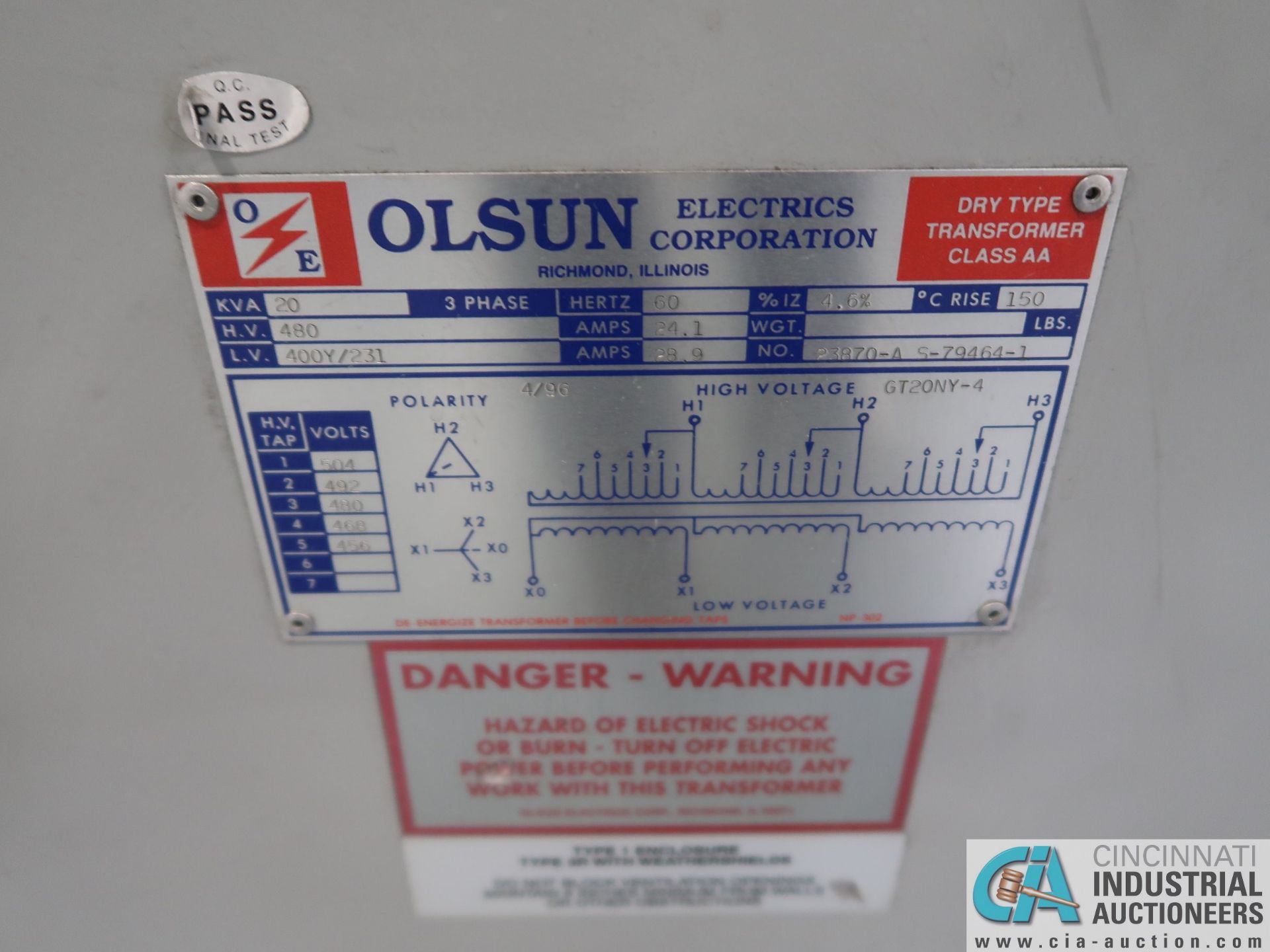 20 KVA OLSUN DRY TYPE TRANSFORMER *$25.00 RIGGING FEE DUE TO INDUSTRIAL SERVICES AND SALES* - Image 2 of 2