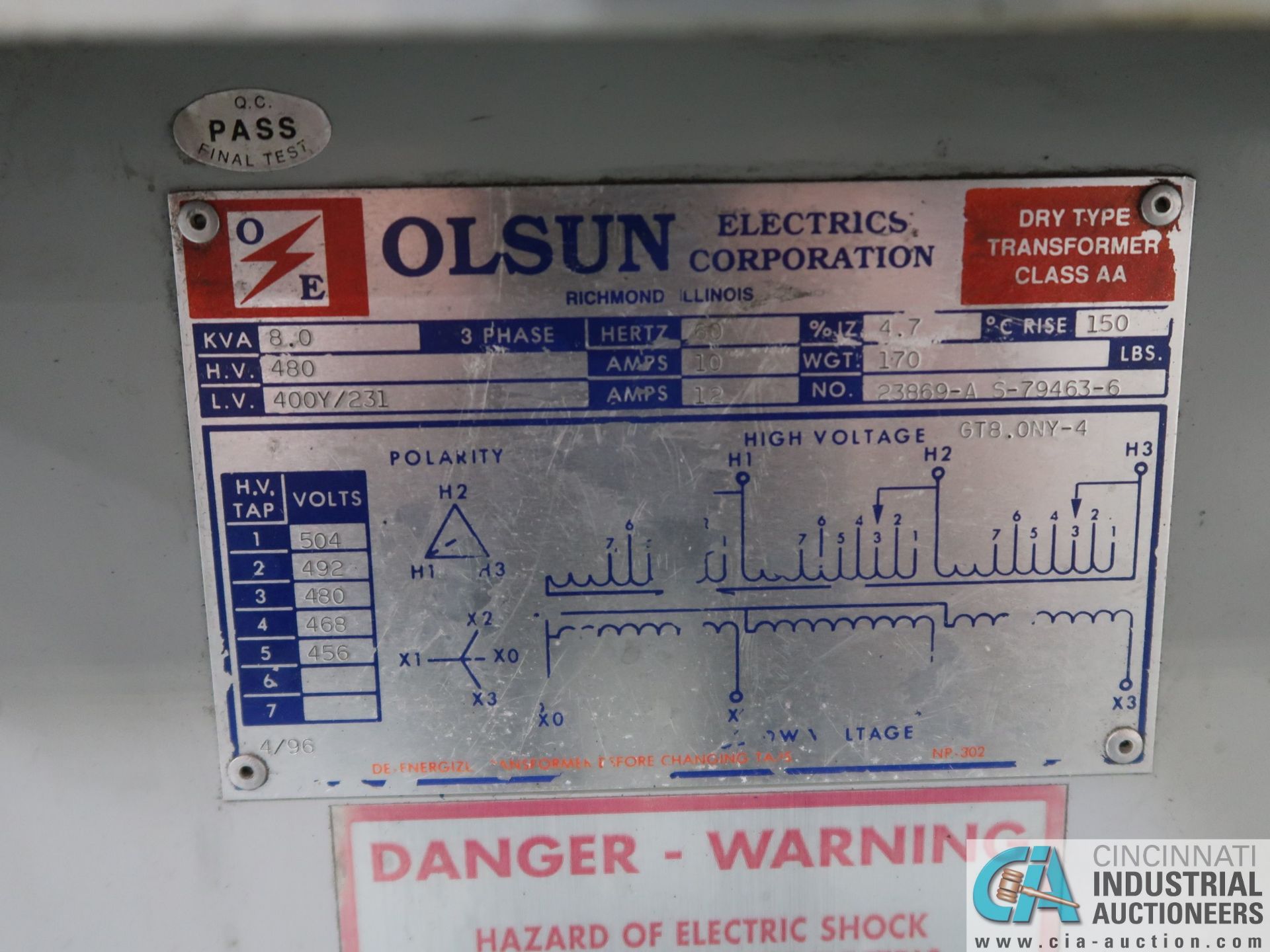 8.0 KVA OLSUN DRY TYPE TRANSFORMER *$25.00 RIGGING FEE DUE TO INDUSTRIAL SERVICES AND SALES* - Image 2 of 2