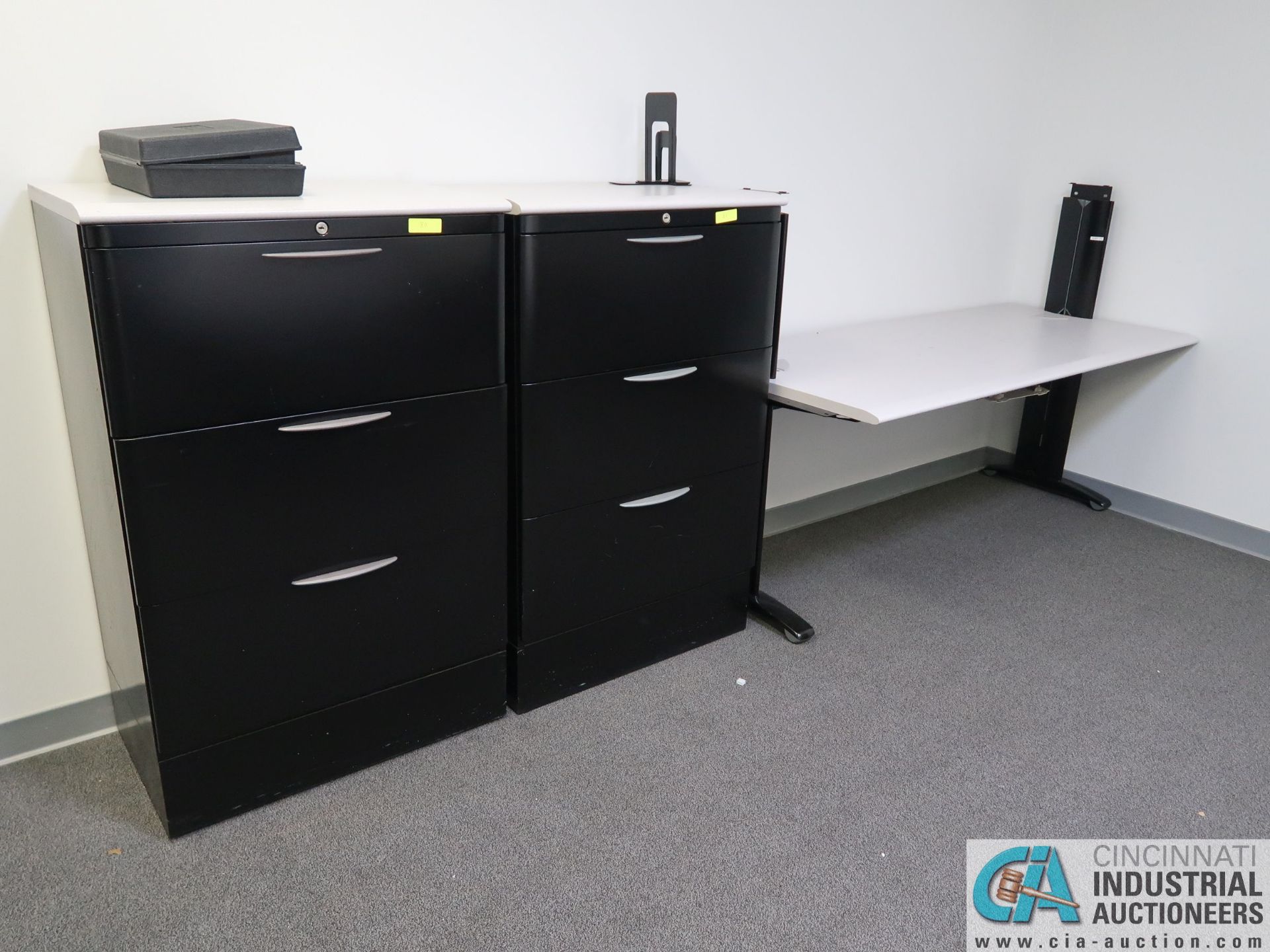 (LOT) LAMINATE DESK AND TABLES WITH CHAIRS WITH FILES AND STORAGE CABINETS - Image 2 of 3