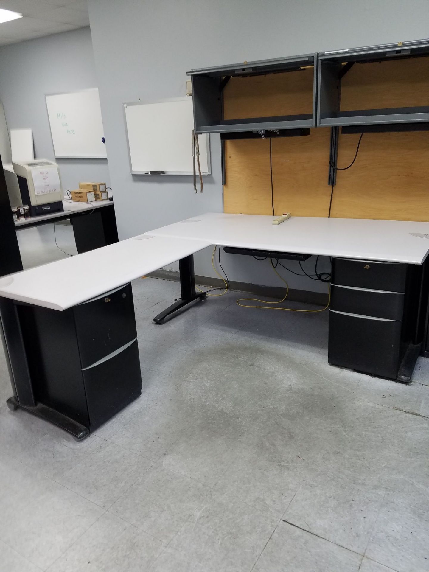 (LOT) FORMICA TOP DESKS AND TABLES WITH FILE CABINETS, CHAIRS AND STORAGE CABINET AND SHELVING - Image 5 of 5