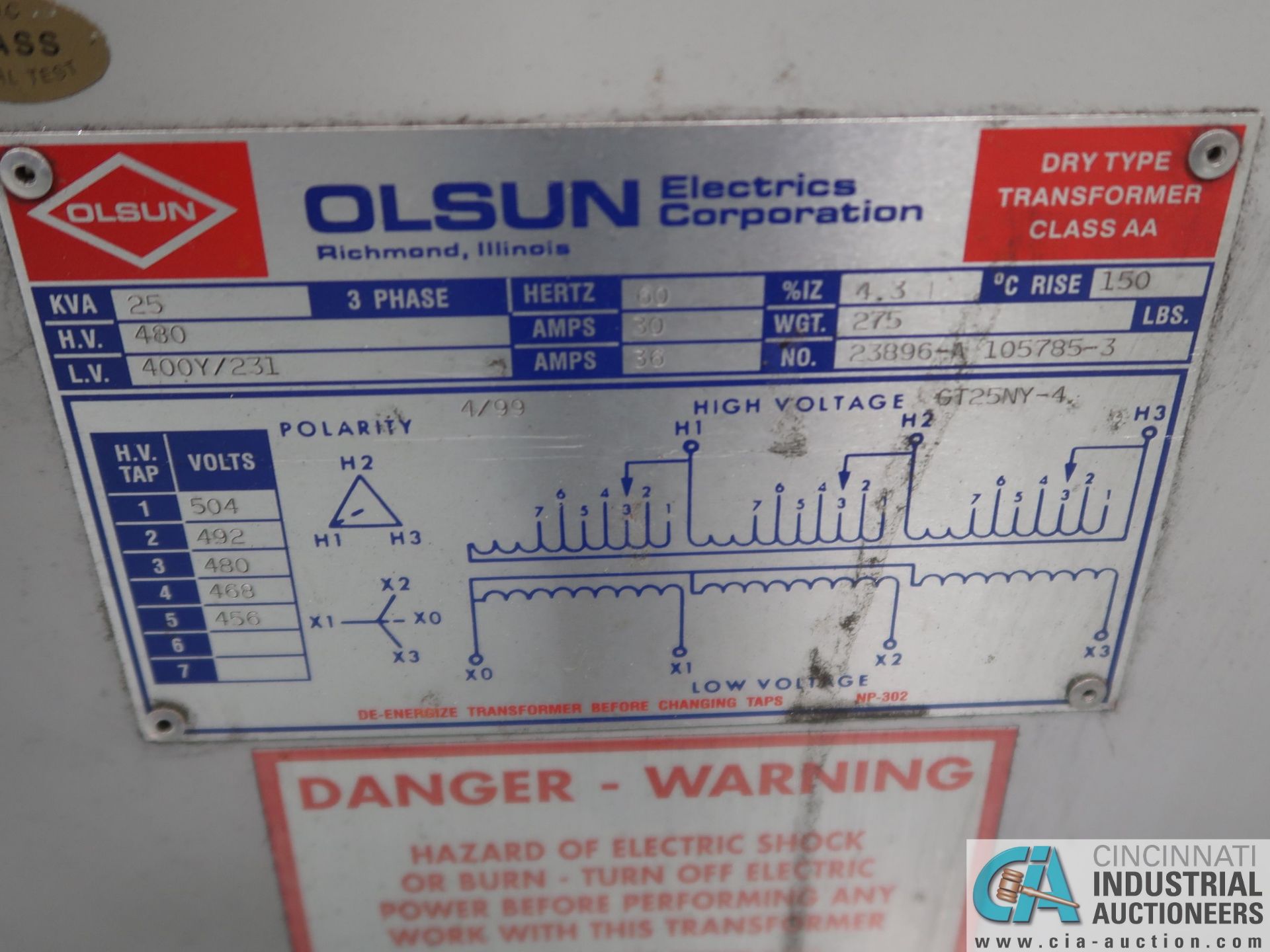 25 KVA OLSUN DRY TYPE TRANSFORMER *$25.00 RIGGING FEE DUE TO INDUSTRIAL SERVICES AND SALES* - Image 2 of 2