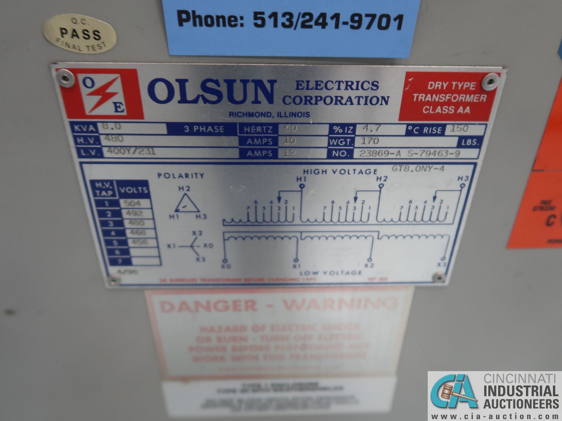 8.0 KVA OLSUN DRY TYPE TRANSFORMER *$25.00 RIGGING FEE DUE TO INDUSTRIAL SERVICES AND SALES* - Image 2 of 2