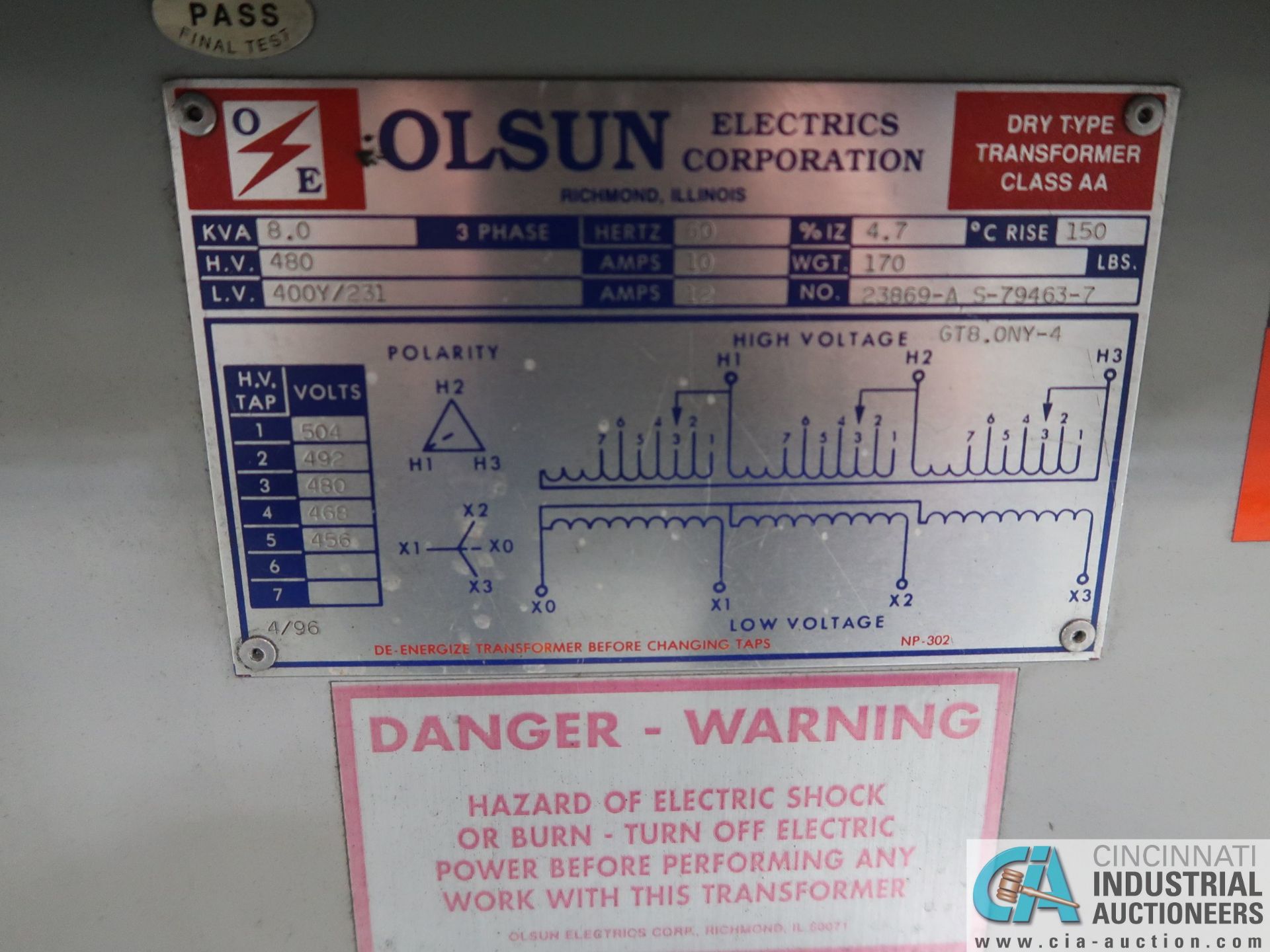 8.0 KVA OLSUN DRY TYPE TRANSFORMER *$25.00 RIGGING FEE DUE TO INDUSTRIAL SERVICES AND SALES* - Image 2 of 2