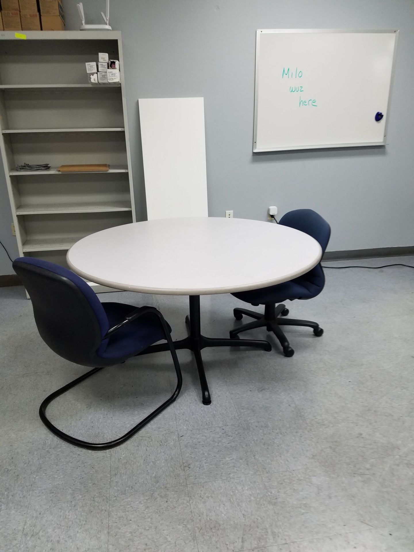 (LOT) FORMICA TOP DESKS AND TABLES WITH FILE CABINETS, CHAIRS AND STORAGE CABINET AND SHELVING