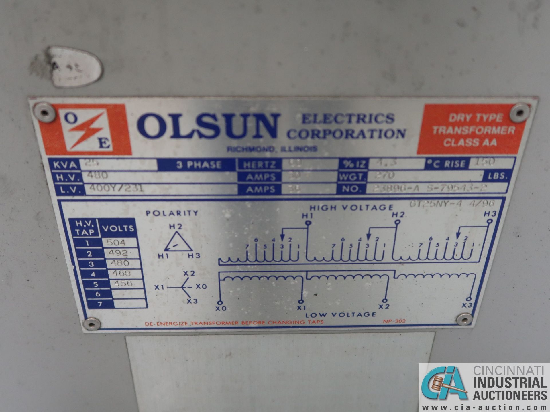 25 KVA OLSUN DRY TYPE TRANSFORMER *$25.00 RIGGING FEE DUE TO INDUSTRIAL SERVICES AND SALES* - Image 2 of 2