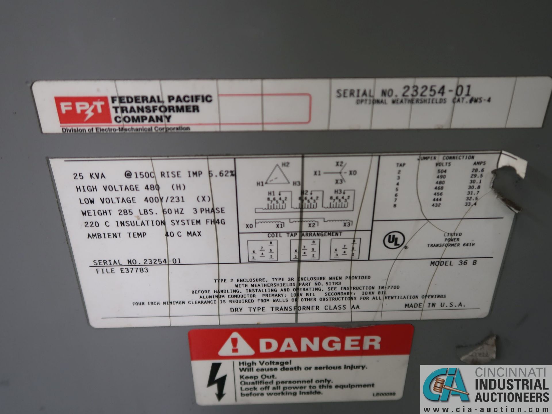 25 KVA FEDERAL PACIFIC DRY TYPE TRANSFORMER *$25.00 RIGGING FEE DUE TO INDUSTRIAL SERVICES AND SALE - Image 2 of 2