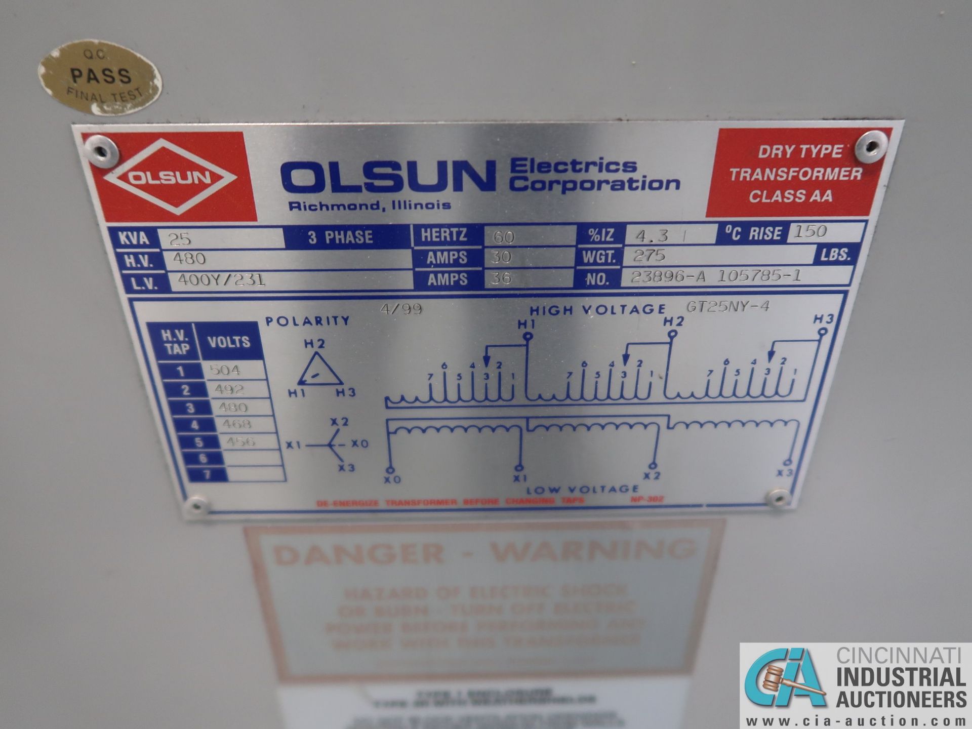 25 KVA OLSUN DRY TYPE TRANSFORMER *$25.00 RIGGING FEE DUE TO INDUSTRIAL SERVICES AND SALES* - Image 2 of 2
