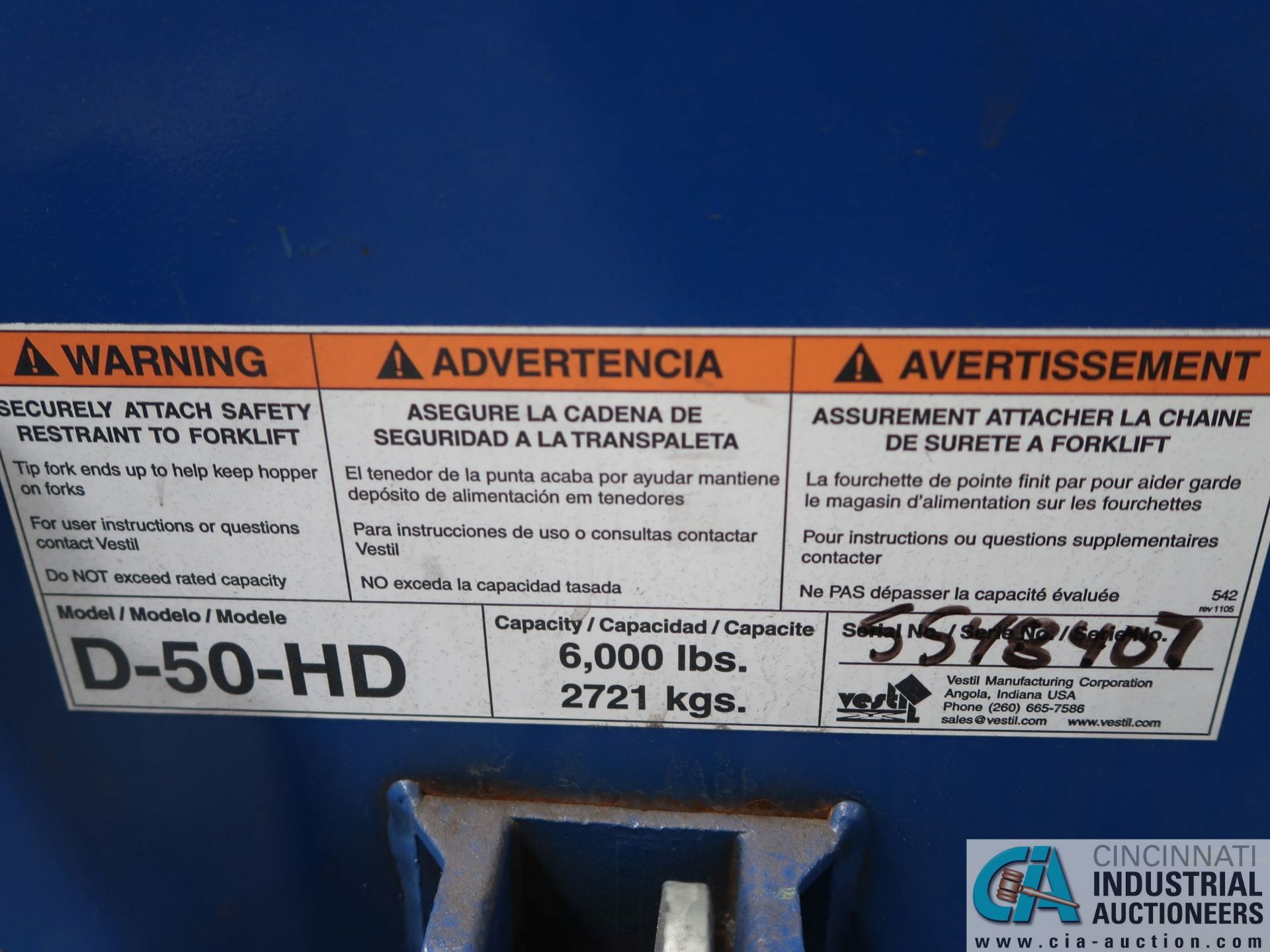 VESTIL MODEL D-50-HD SELF-DUMPING HOPPER *$25.00 RIGGING FEE DUE TO INDUSTRIAL SERVICES AND SALES* - Image 3 of 3