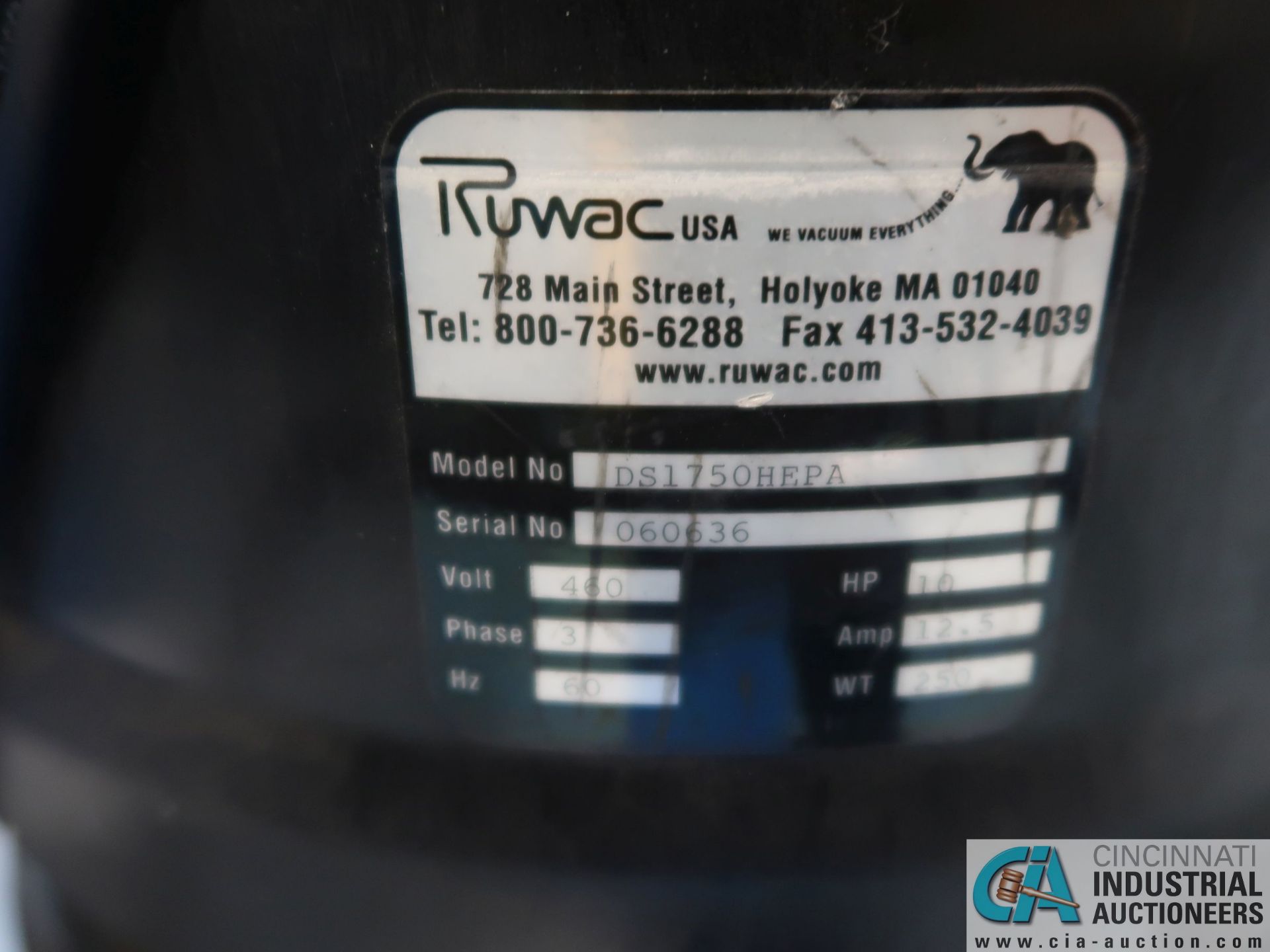 RUWAC MODEL DS1750HEPA CONTINUOUS DUTY HEPA INDUSTRIAL VACUUM; S/N 060630, 10.0 HP MOTOR, 3-PHASE - Image 2 of 2