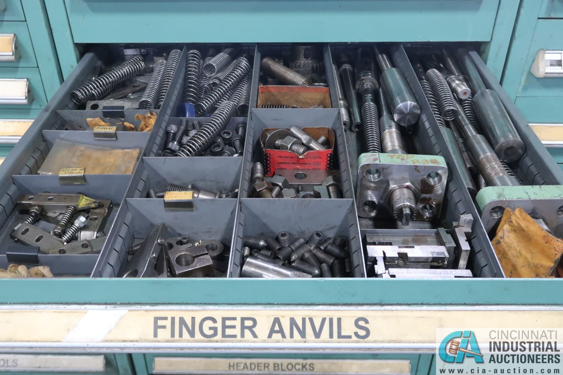 11-DRAWER LISTA-TYPE CABINET WITH MISC. FENNER TOOLS, FINGER ANVILS, HARDWARE, POINT FORM CUTTERS, - Image 2 of 11