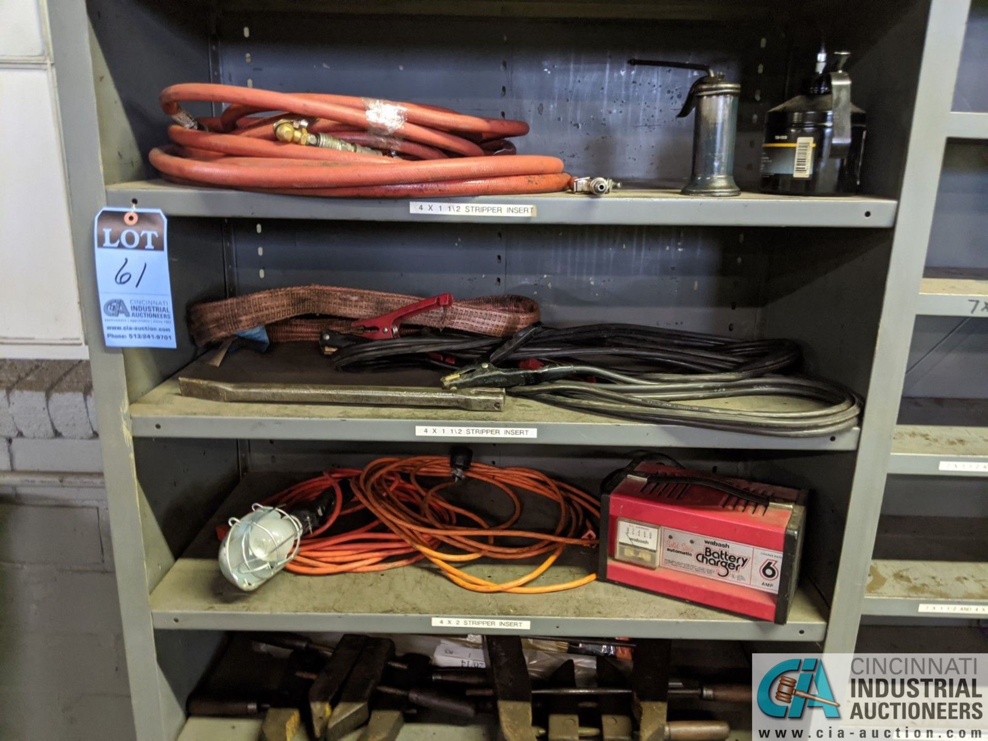 (LOT) STEEL SHELF UNIT WITH CONTENTS, AIR LINE, BATTERY CHARGER, CABLES AND OTHERS - Image 2 of 2