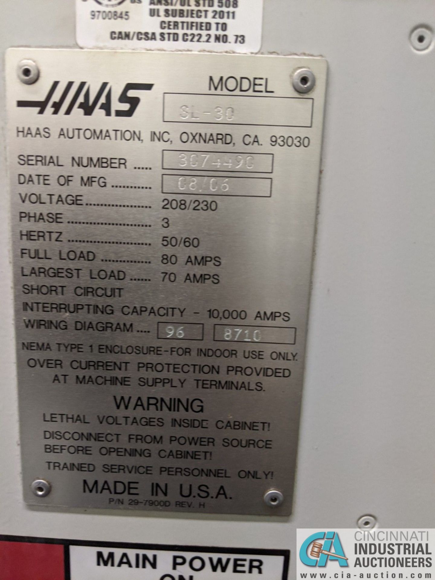 HAAS MODEL SL30 CNC TURNING CENTER; S/N 3074490, 30 HP, VECTOR DUAL DRIVE, 12" 3-JAW CHUCK, 12 - Image 6 of 14