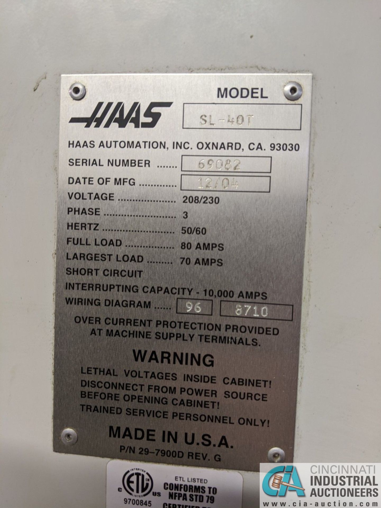 HAAS MODEL SL-40T CNC TURNING CENTER; S/N 69082, 18" 3-JAW CHUCK, 10 POSITION TURRET, TAILSTOCK, - Image 7 of 14