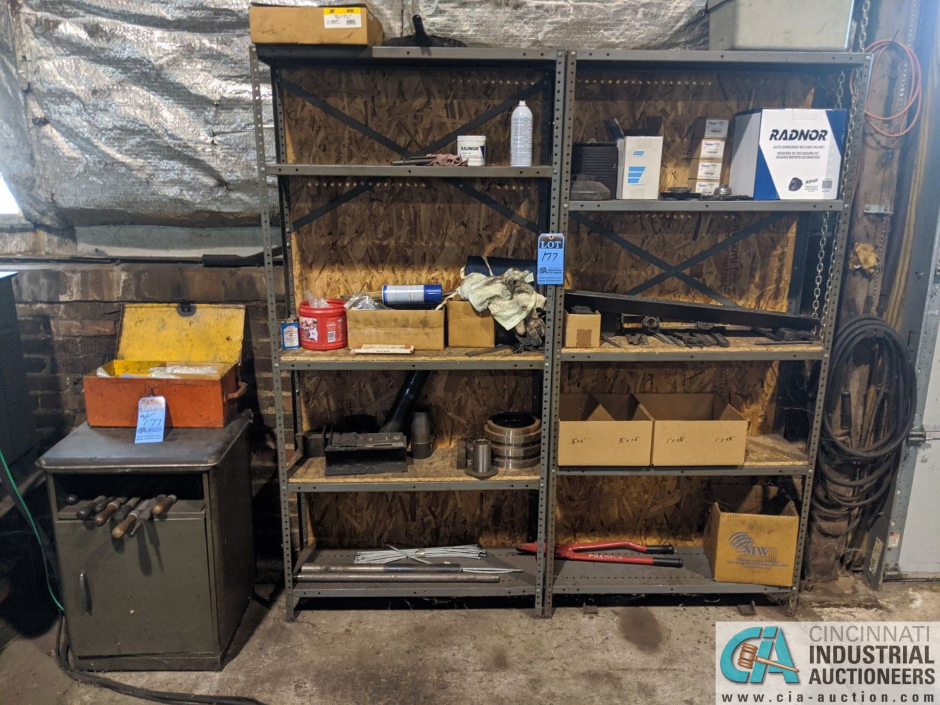 (LOT) STEEL SHELVING WITH PARTS AND ADJACENT CABINET WITH TOOLS