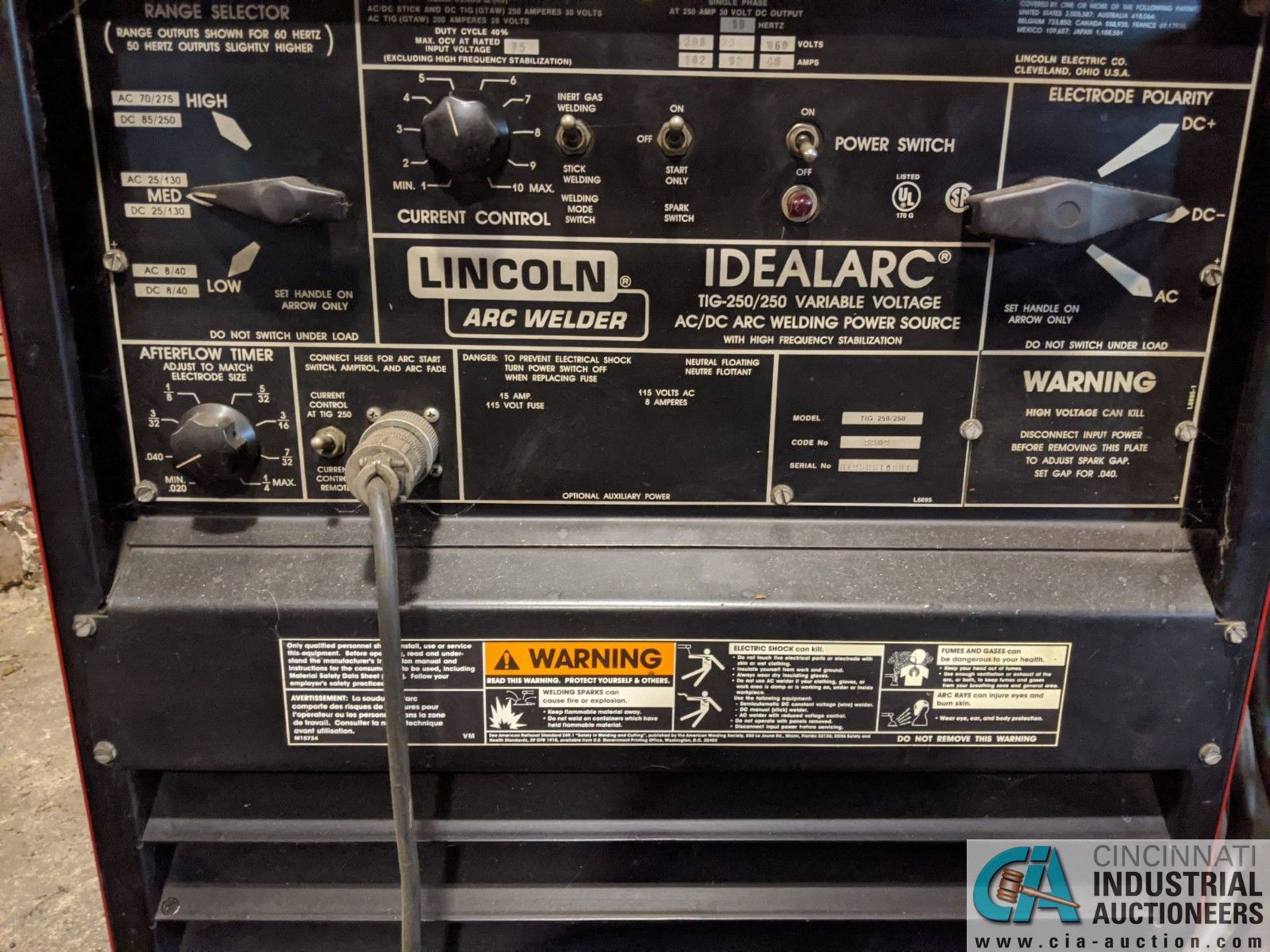 250 AMP LINCOLN IDEALARC TIG 250/250 VARIABLE VOLTAGE WELDER - NO TANK - Image 3 of 4