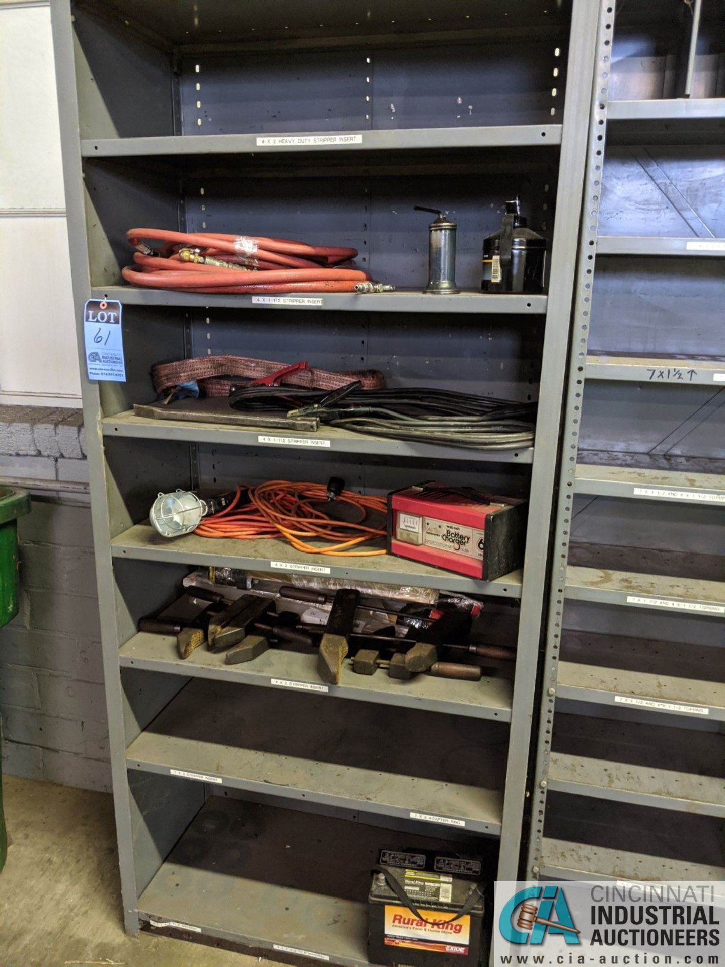 (LOT) STEEL SHELF UNIT WITH CONTENTS, AIR LINE, BATTERY CHARGER, CABLES AND OTHERS