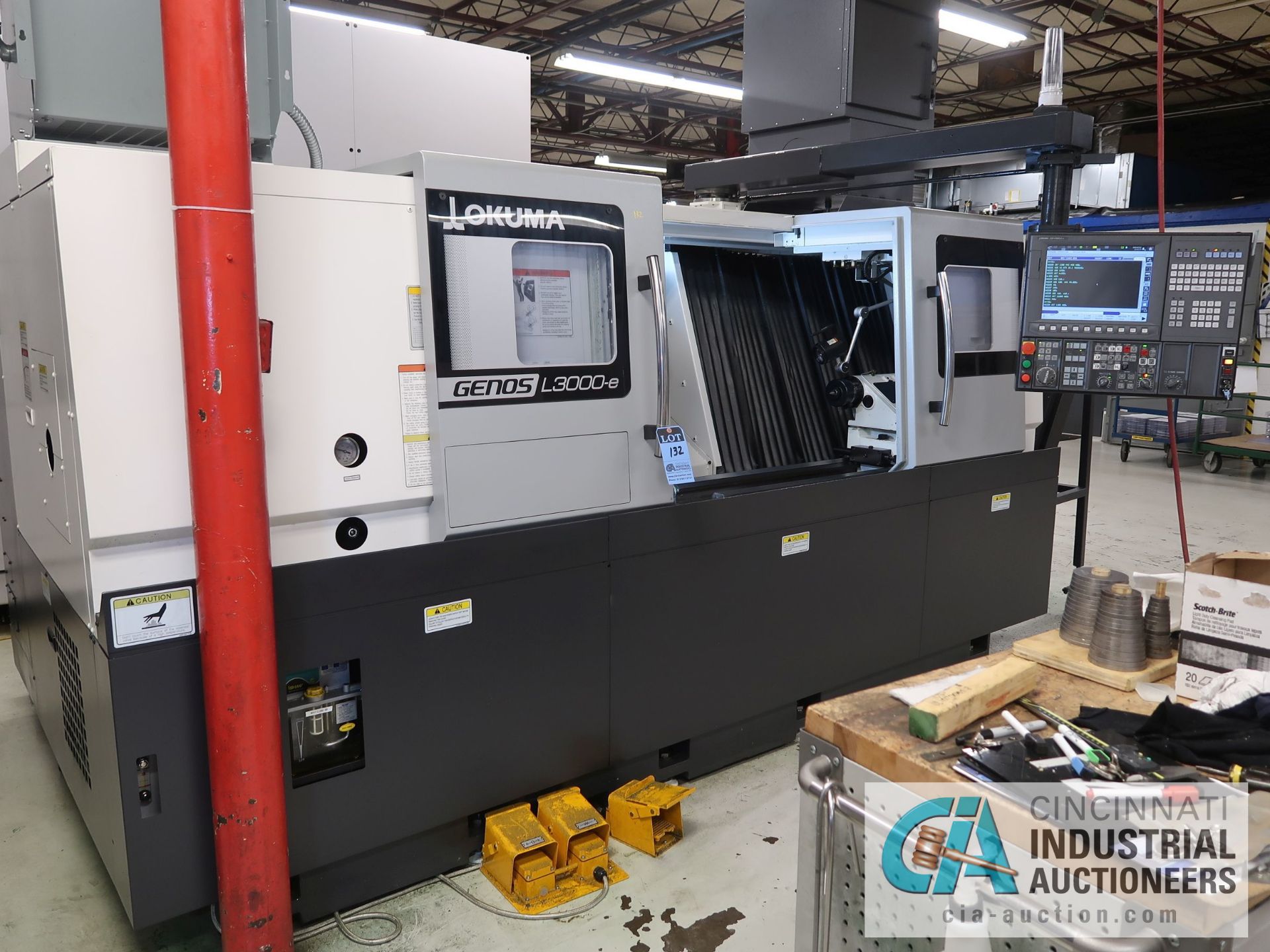 OKUMA MODEL GENOS L3000-E TWO-AXIS CNC TURNING CENTER; S/N L3E0014, OKUMA OSP-P300LAE CONTROL, 10"