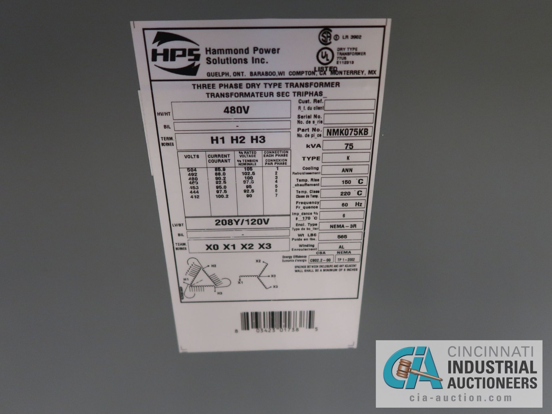 75 KVA HPS THREE PHASE DRY TYPE TRANSFORMER WITH ELECTRICAL SWITCH - Image 2 of 2