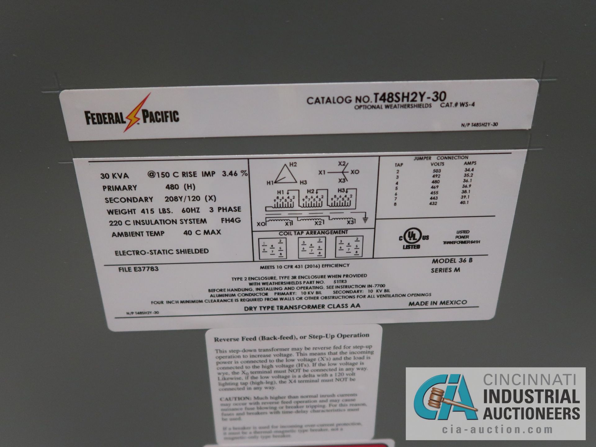 30 KVA FEDERAL PACIFIC DRY TYPE TRANSFORMER - Image 2 of 2