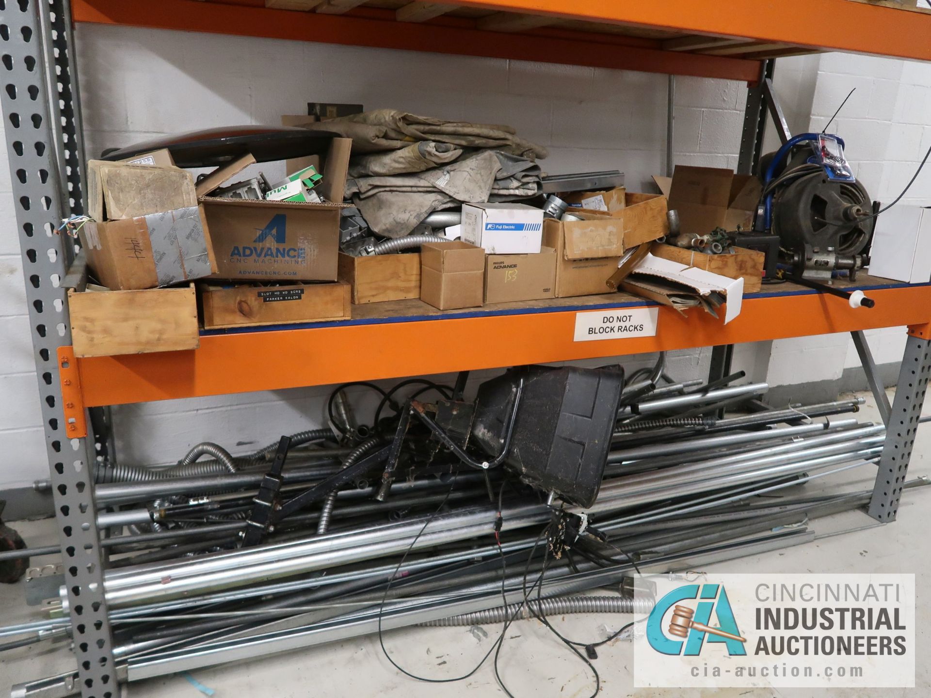 (LOT) CONTENTS OF RACK INCLUDING ELECTRICAL, CONDUIT, AUGER, CHRISTMAS DECORATIONS, SPREADER ** NO - Image 2 of 2