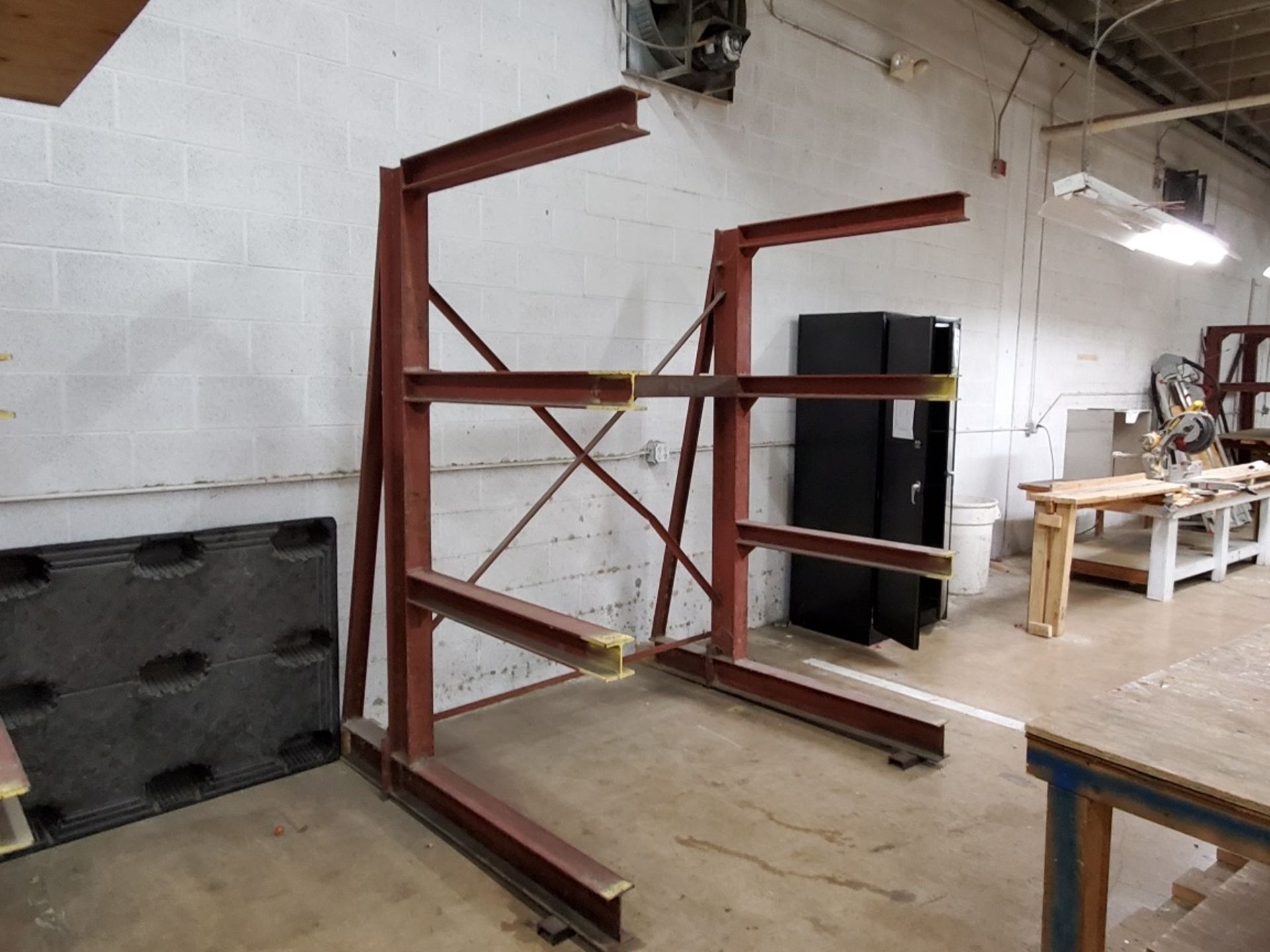 FABRICATED STEEL CANTILEVER RACKS IN PARTS WAREHOUSE, APPROX. 90" HIGH X 75" WIDE X 44" ARM