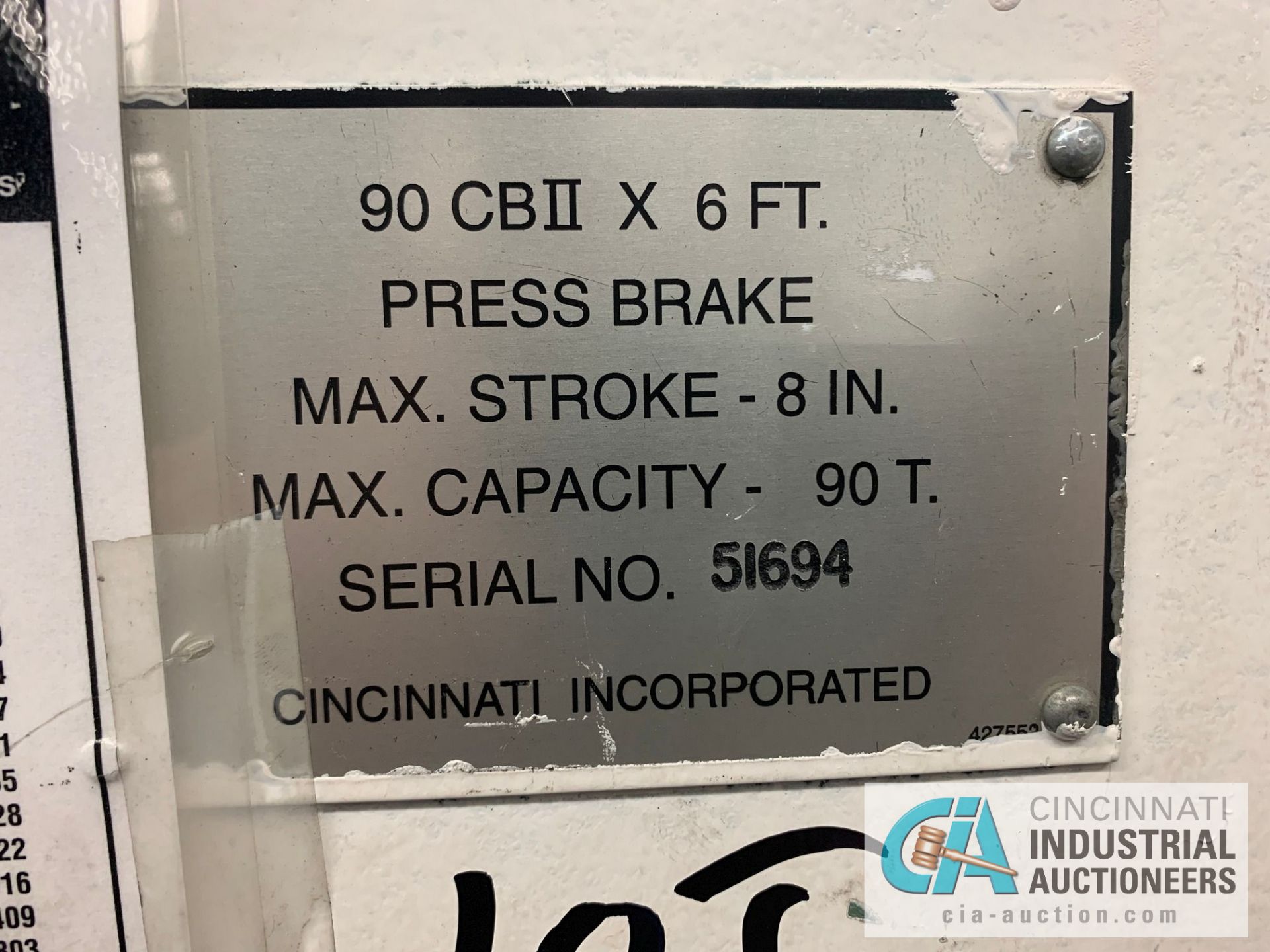 90 TON X 8' CINCINNATI 90CBII HYDRAULIC POWER PRESS BRAKE; S/N 51694, 8' OVERALL, 6' BETWEEN - Image 12 of 12