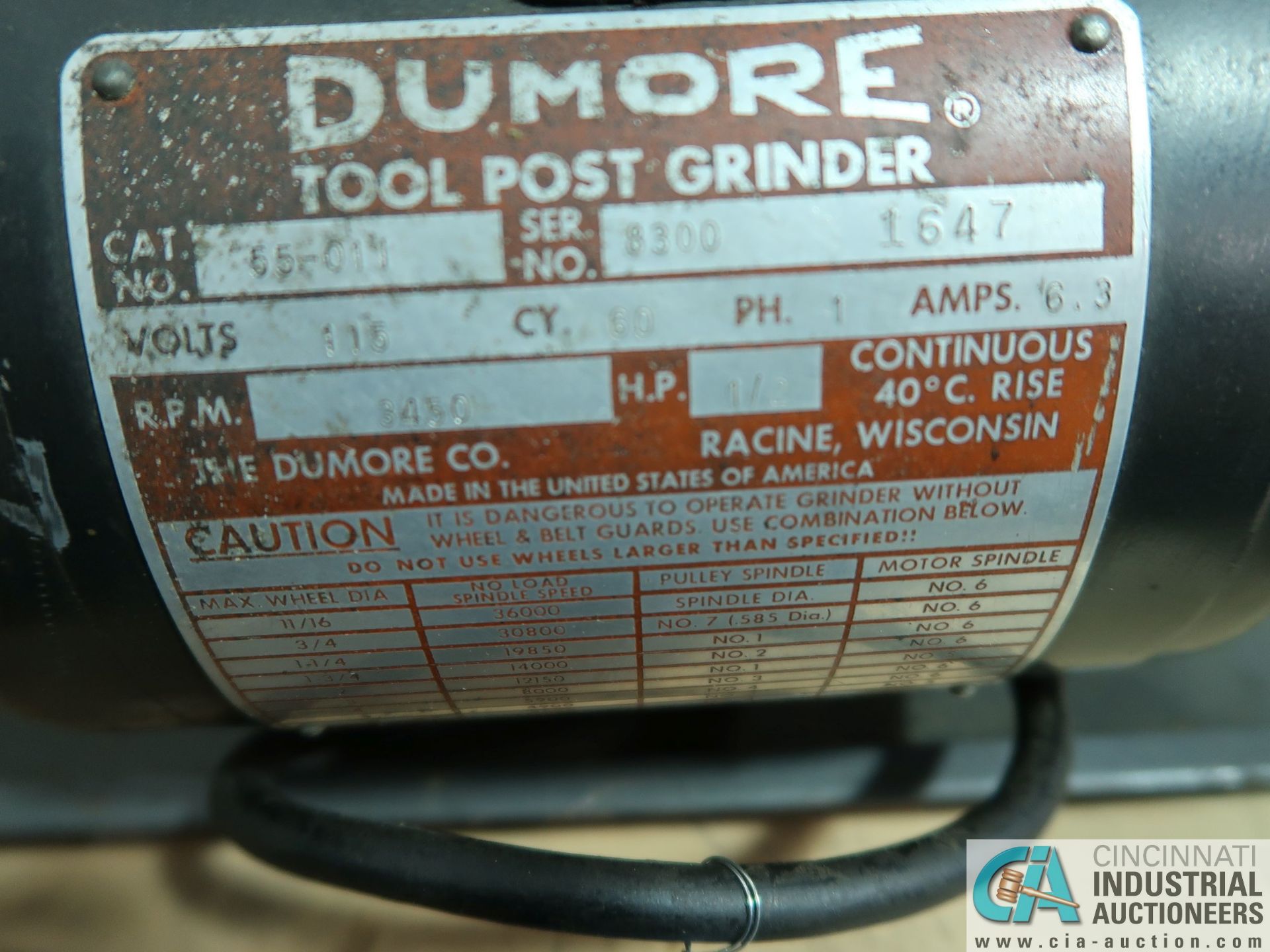 DUMORE CAT. NO. 55-011 TOOL POST GRINDER; S/N 8300-1647, 3,450 RPM - Image 3 of 4