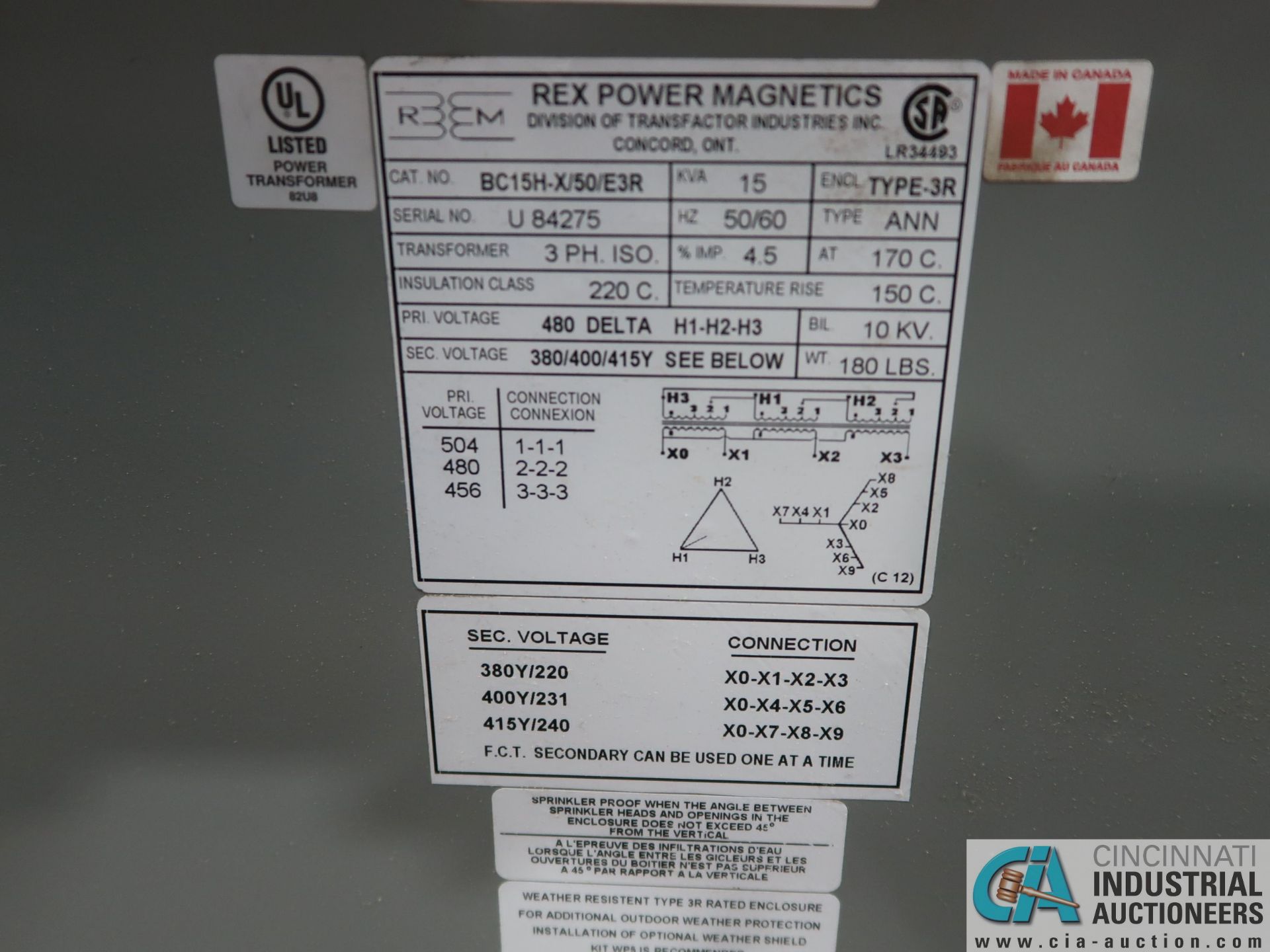 15 KVA REX TRANSFORMERS, NO. BC15H-X150-E3R - Image 2 of 2