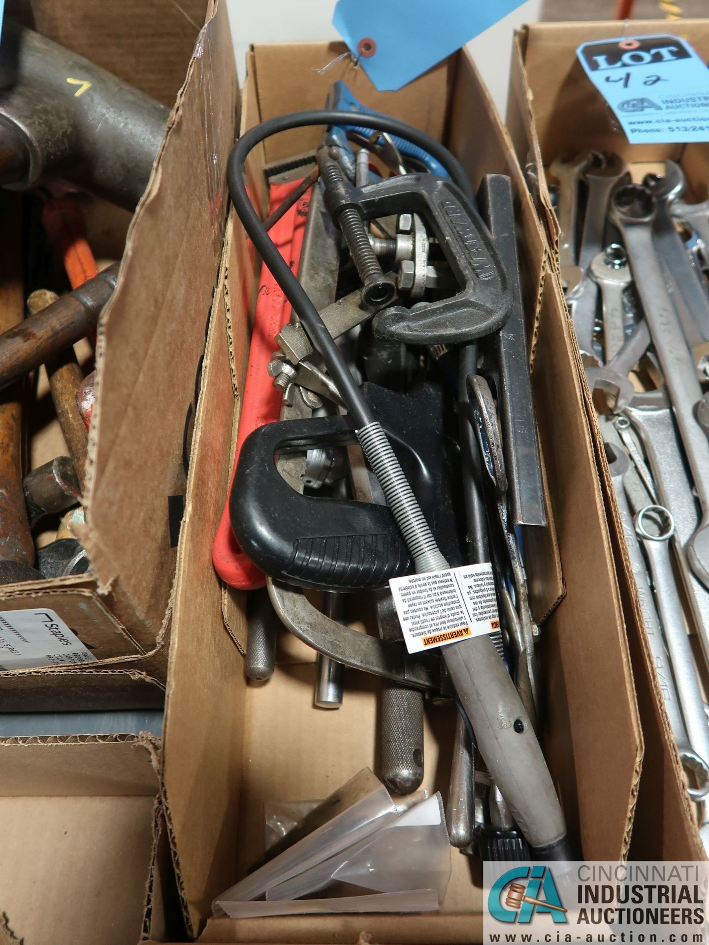 (LOT) BOX OF MISC. HAND TOOLS INCLUDING HACK SAW, PIPE WRENCH, FLARING TOOL, C-CLAMP AND OTHER