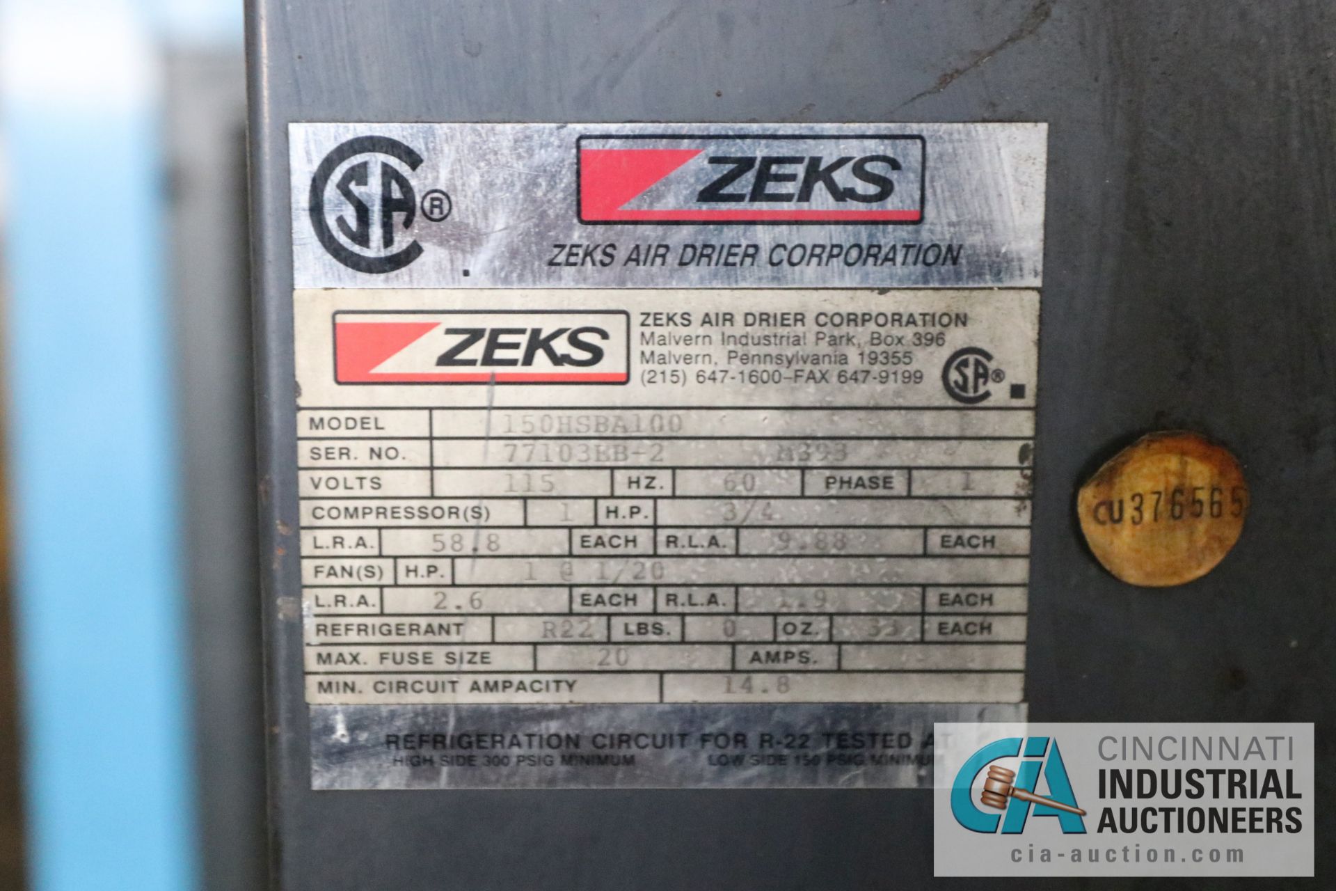 ZEKS MODEL 150HSBA100 AIR DRYER; S/N 77103KB-2 - $100.00 Rigging Fee Due to Onsite Rigger - - Image 2 of 3