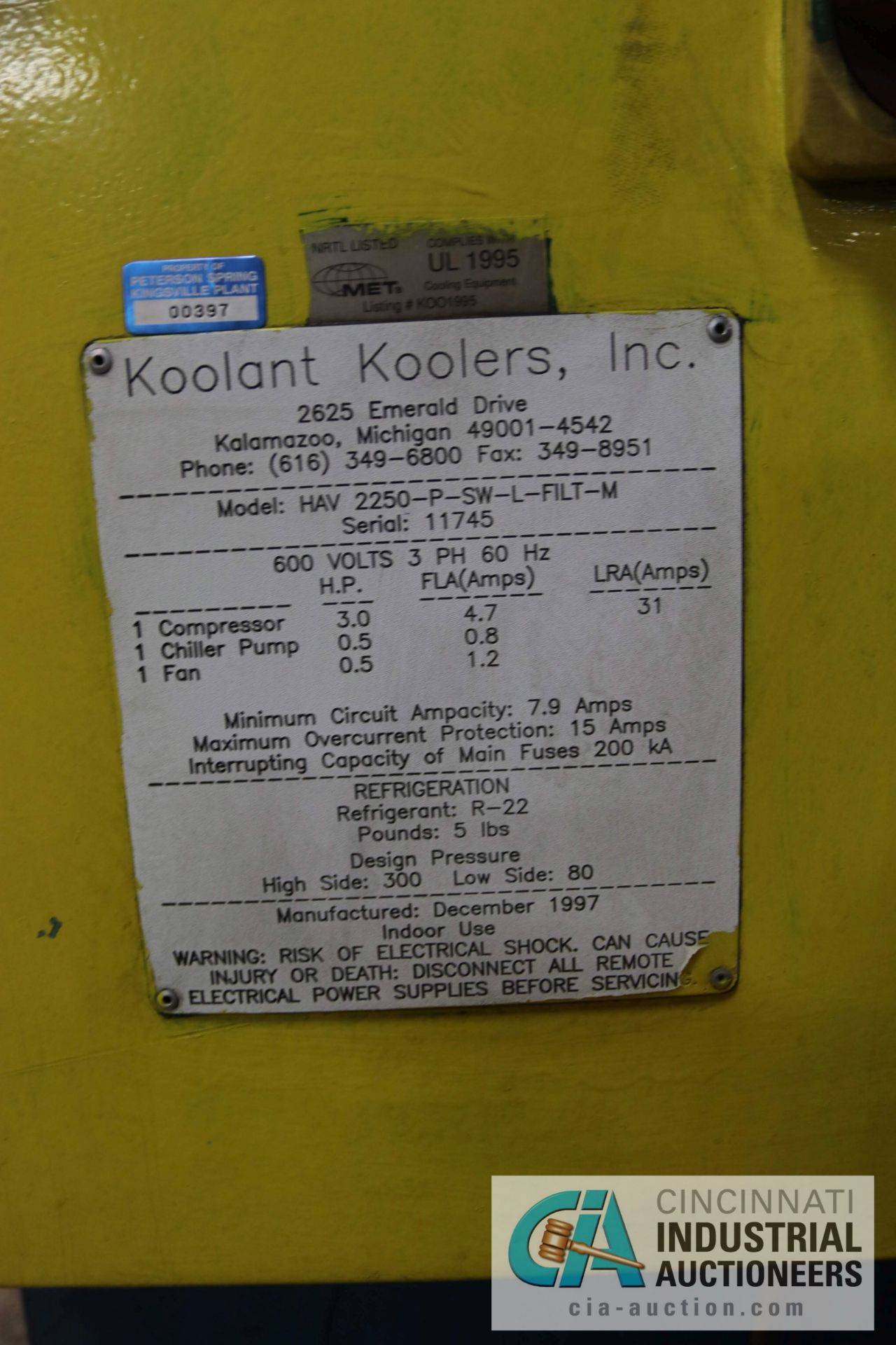 KOOLANT KOOLER MODEL HAV 2250-P-SW-L-FILT-M CHILLER; S/N 11745 (NEW 1997) - $20.00 Rigging Fee Due - Image 2 of 2