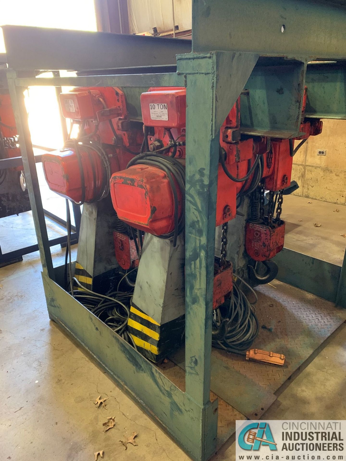 10 TON BEEBE MODEL 100MT ELECTRIC CHAIN HOISTS W/ POWER TROLLIES & RACK - Image 10 of 11