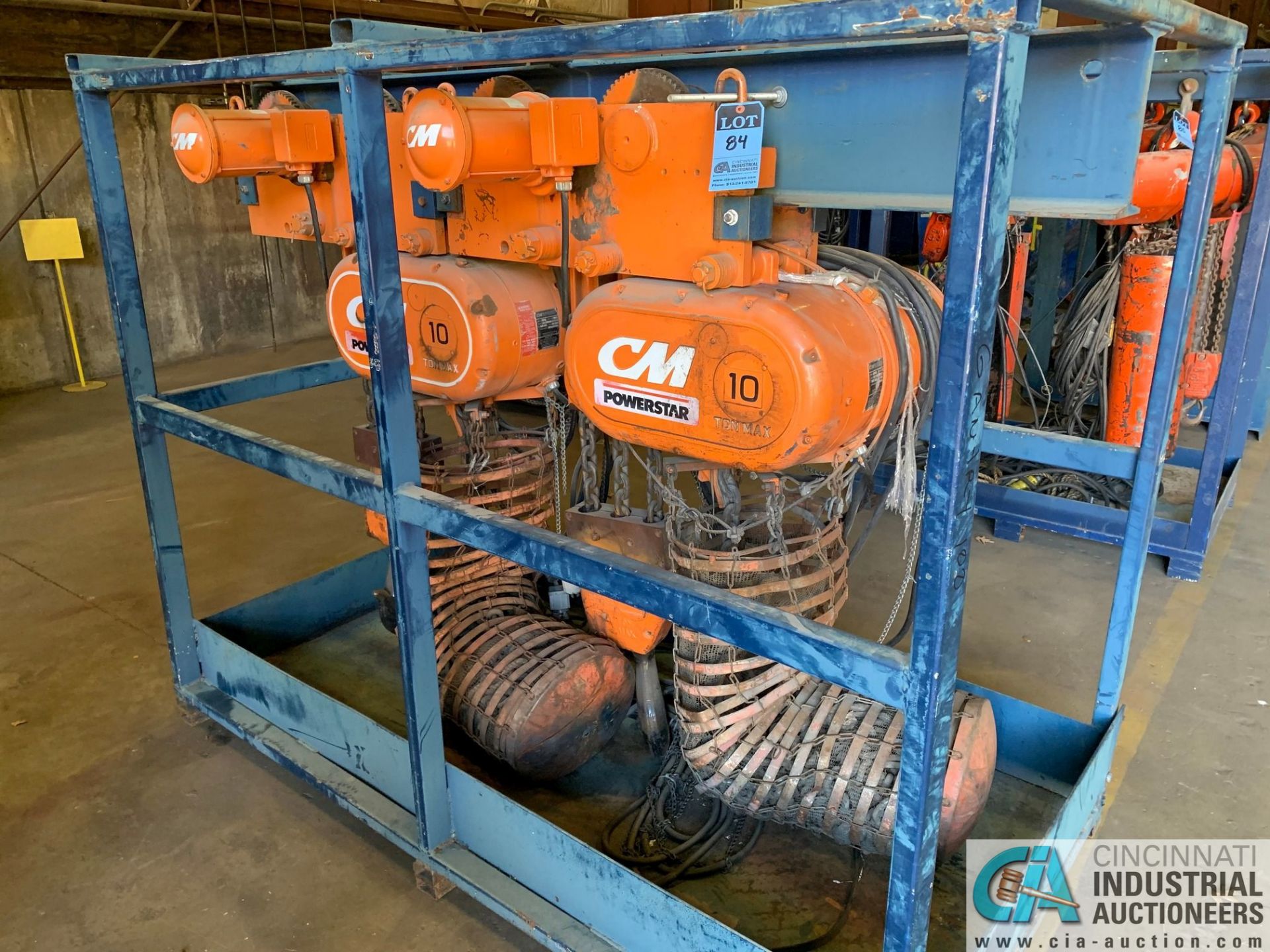 10 TON CM POWERSTAR MODEL 7201 ELECTRIC CHAIN HOISTS W/ POWER TROLLIES & RACK