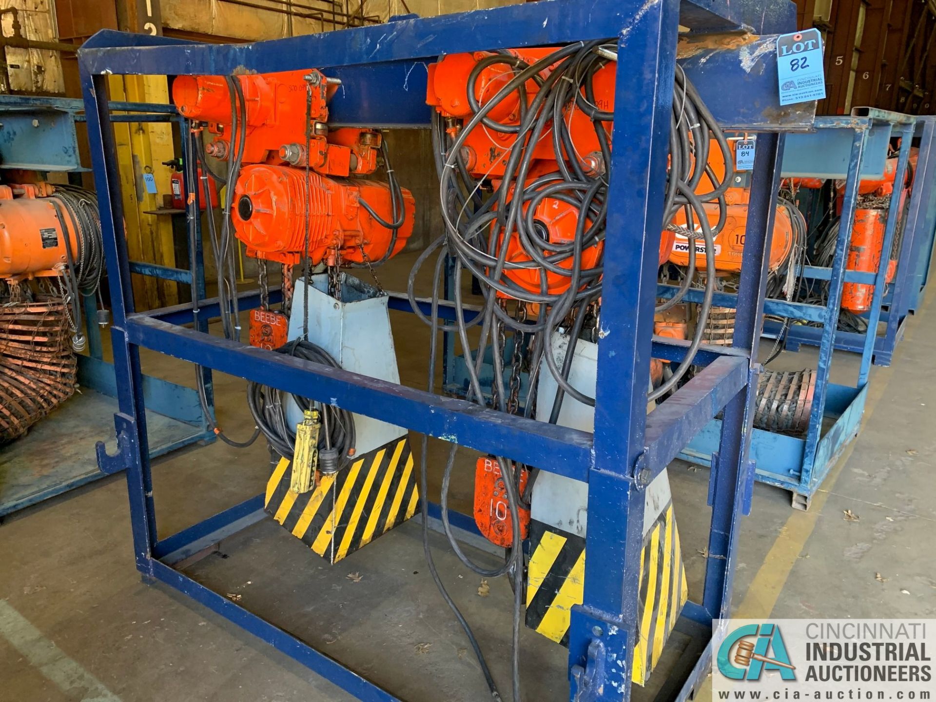 10 TON BEEBE / INGERSOLL RAND MODEL LE50 100M4 ELECTRIC CHAIN HOISTS W/ POWER TROLLIES & RACK