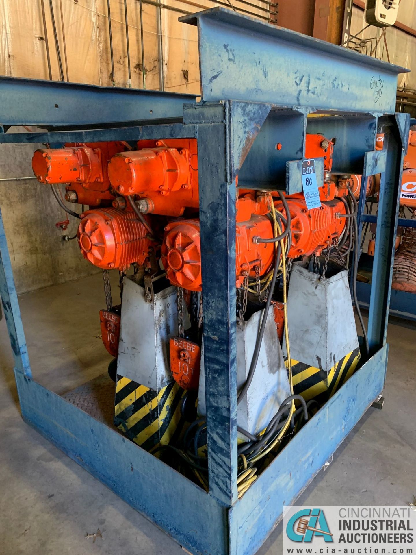 10 TON BEEBE MODEL 100MT ELECTRIC CHAIN HOISTS W/ POWER TROLLIES & RACK - Image 2 of 11