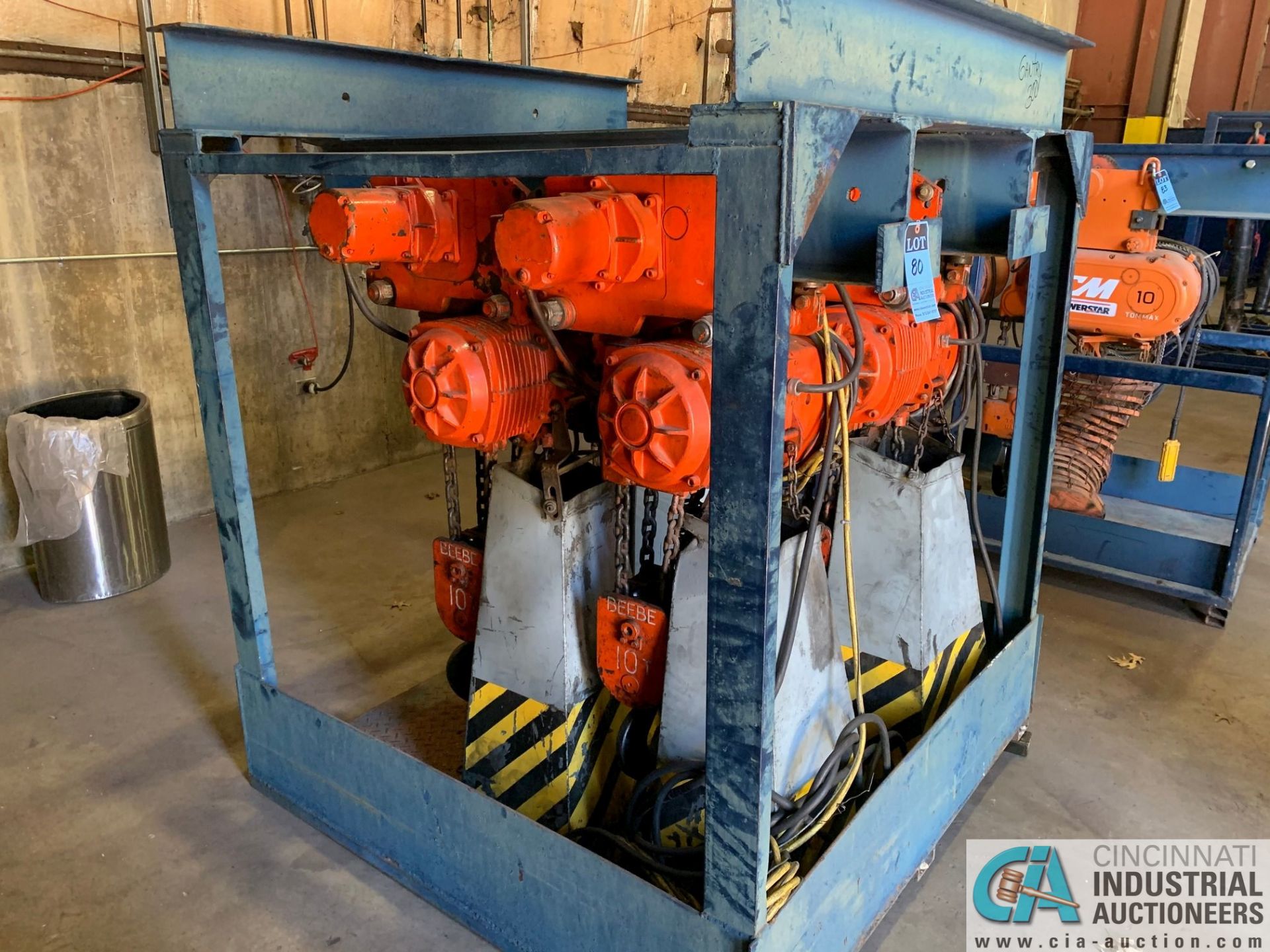 10 TON BEEBE MODEL 100MT ELECTRIC CHAIN HOISTS W/ POWER TROLLIES & RACK