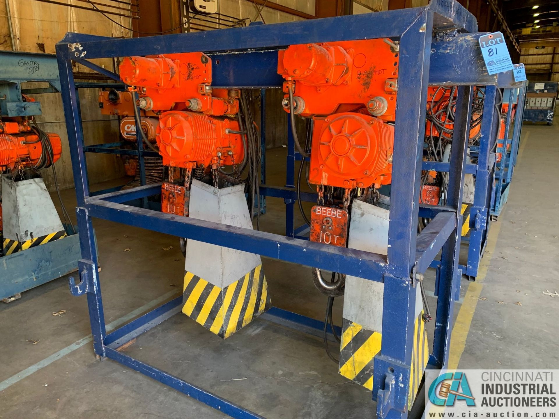 10 TON BEEBE / INGERSOLL RAND MODEL LE50 100M4 ELECTRIC CHAIN HOISTS W/ POWER TROLLIES & RACK