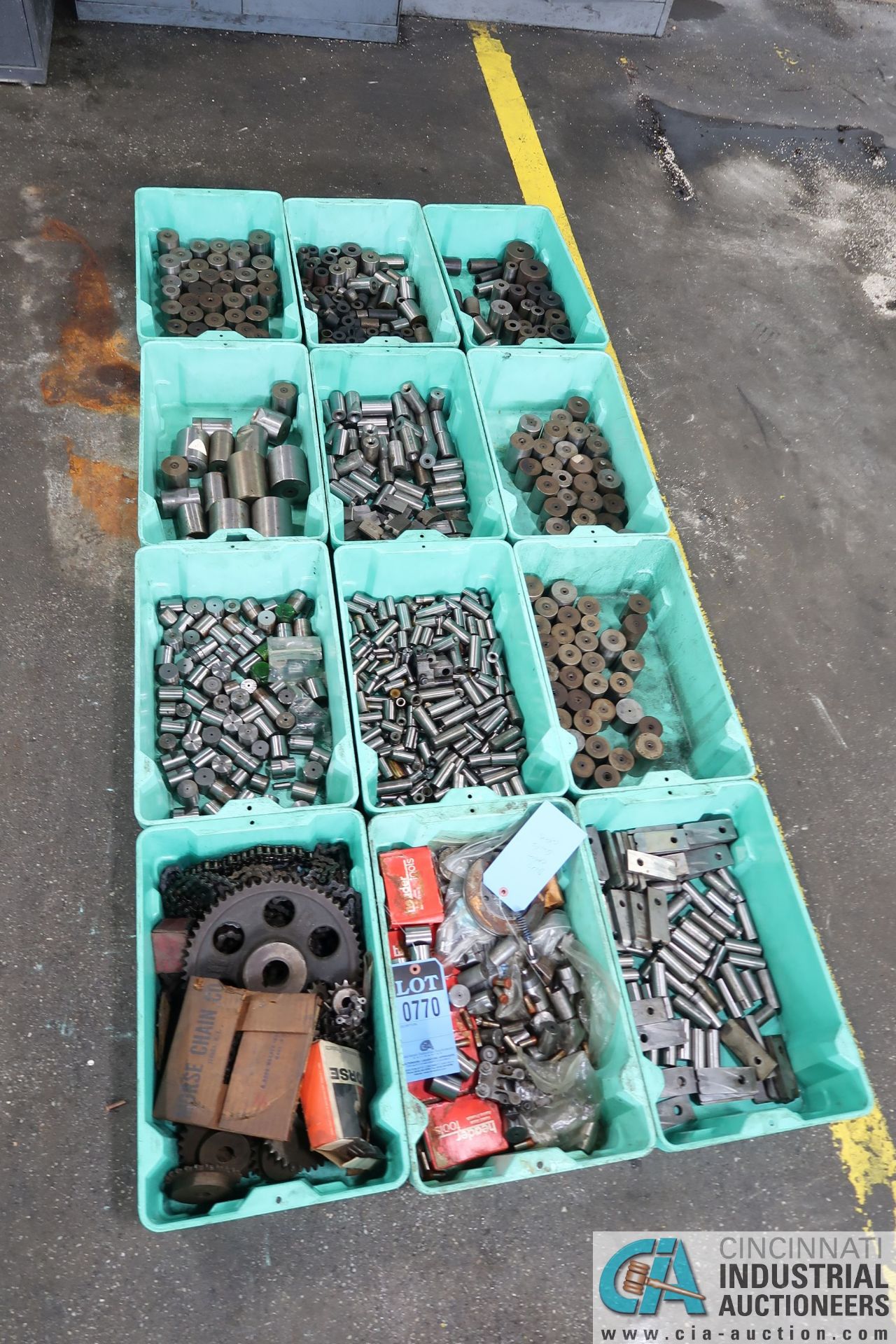 (LOT) ASSORTED COLD HEADING TOOLING IN 12 GREEN TOTES - DIES, CASINGS, QUIL, CUTTER AND OTHER