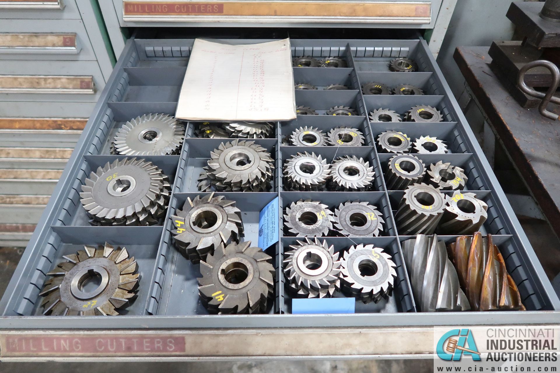 13-DRAWER CABINET WITH GRINDING WHEELS, MILL CUTTERS AND HARDWARE - Image 7 of 9