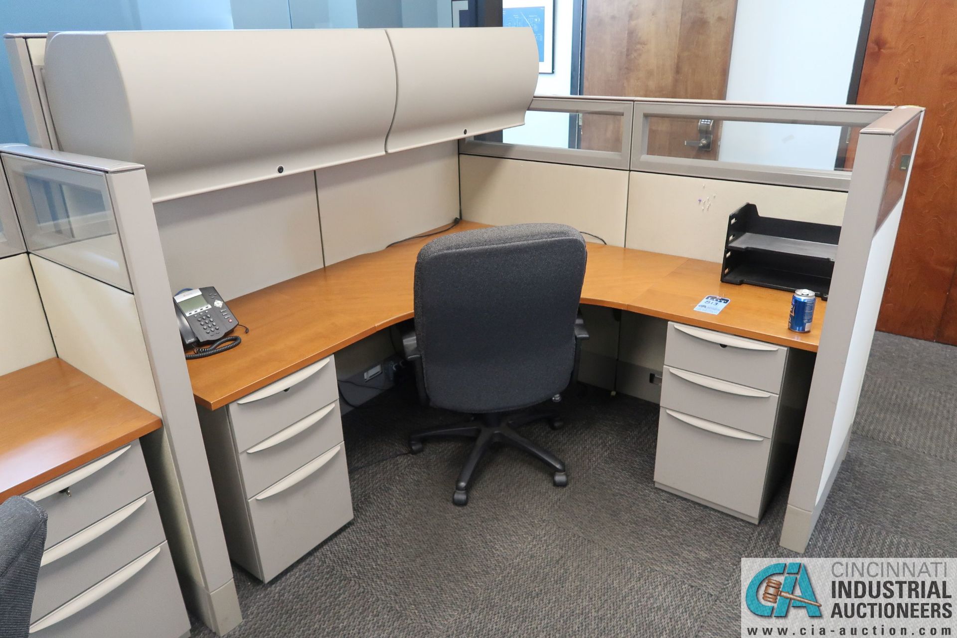 72" X 72" HAWORTH OFFICE CUBICLE WITH OVERHEAD CABINETS, DRAWERS AND CHAIR