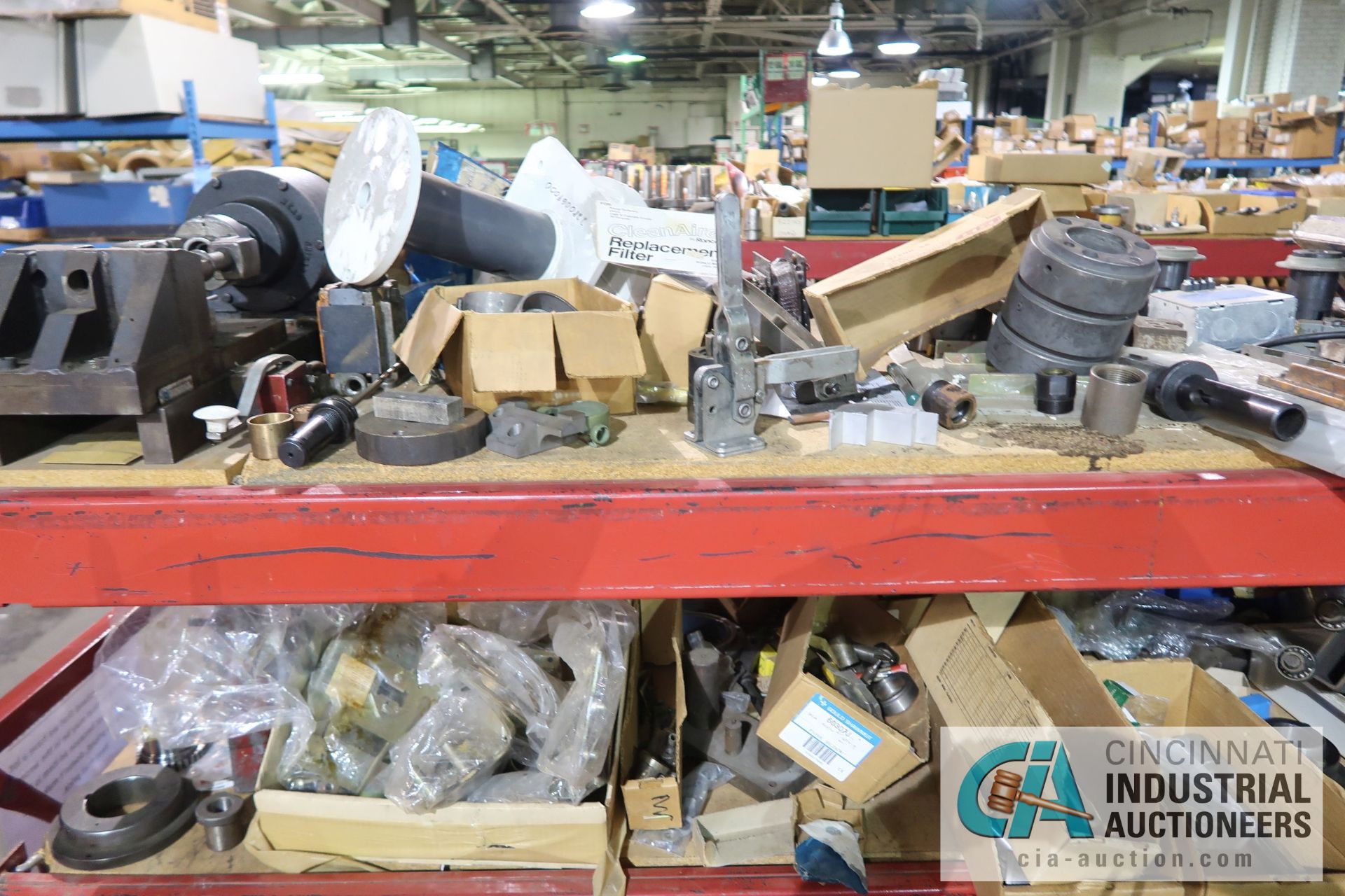 (LOT) ASSORTED TOOLING AND MACHINE PARTS AND HARDWARE ON (2) SECTIONS RED RACK AND ALSO IN BOXES - Image 12 of 17