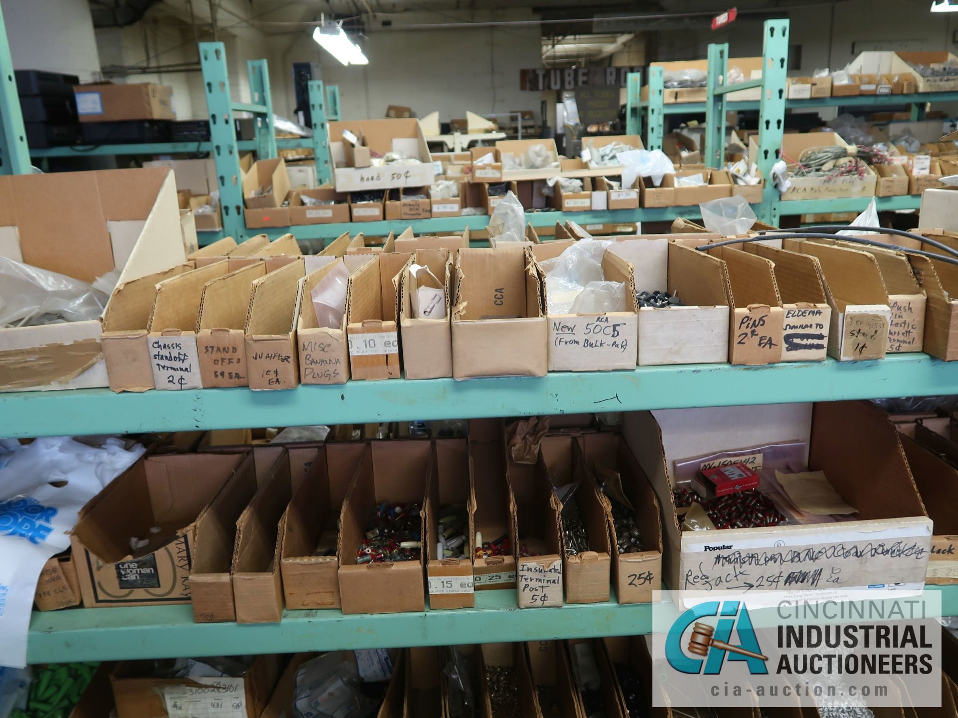 CONTENTS OF (8) RACKS INCLUDING MISCELLANEOUS TEST PROBES, PLUGS, SPEAKER TERMINALS, TEST LEADS, - Image 10 of 35