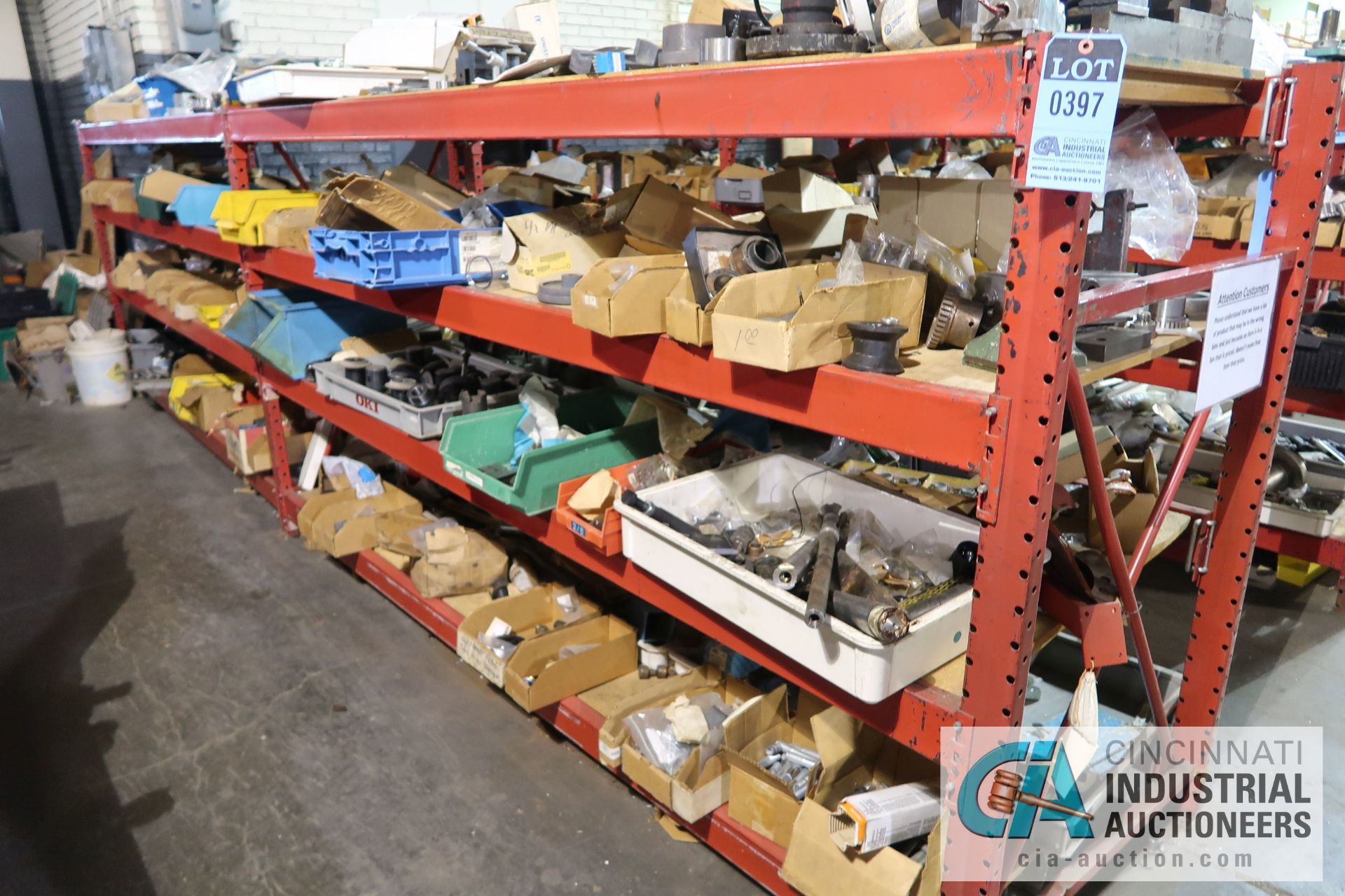 (LOT) ASSORTED TOOLING AND MACHINE PARTS AND HARDWARE ON (2) SECTIONS RED RACK AND ALSO IN BOXES