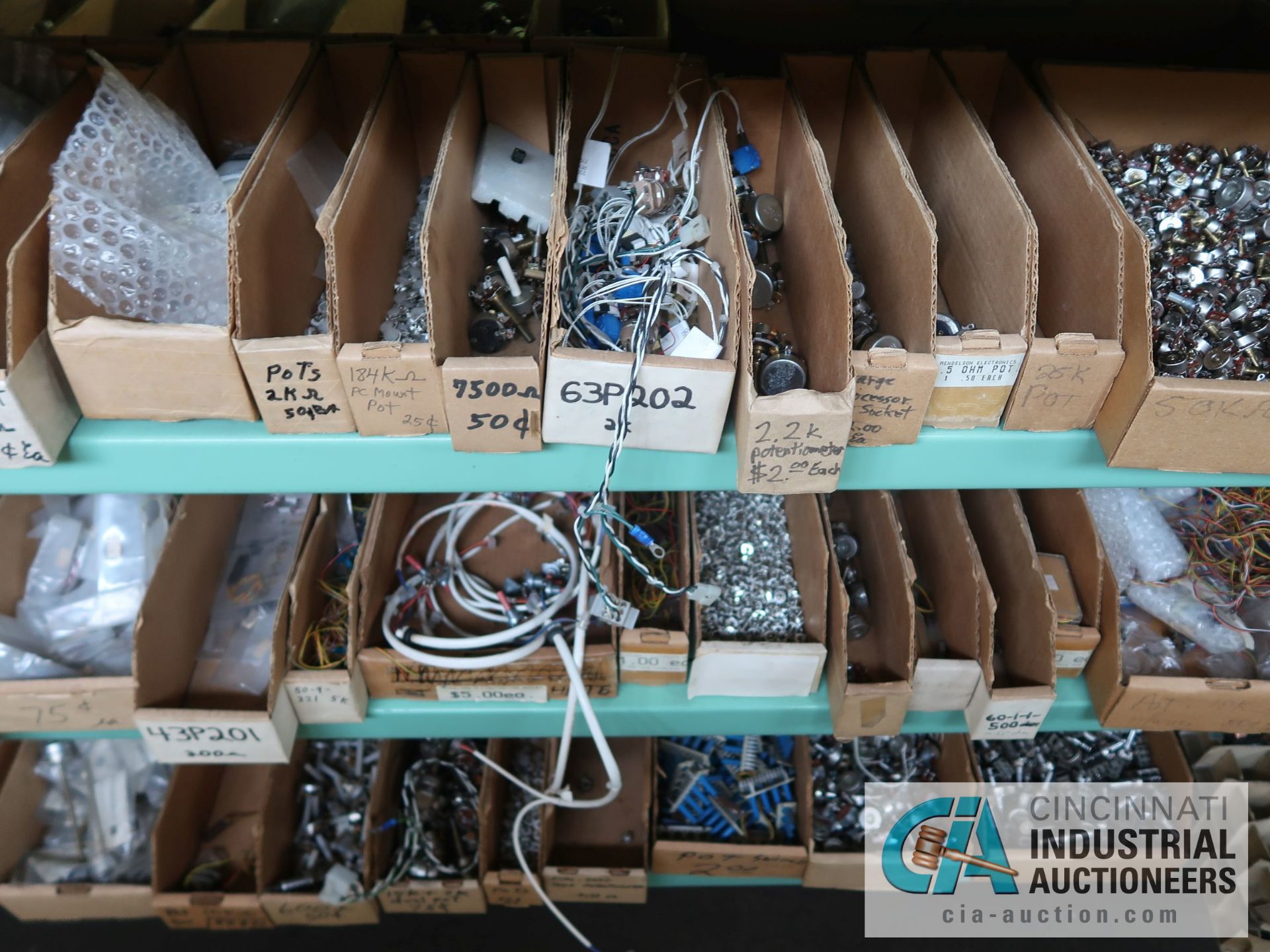 CONTENTS OF (5) RACKS INCLUDING MISCELLANEOUS RESISTORS, POTENTIONETERS, CONTROLS **NO RACKS** - Image 22 of 57