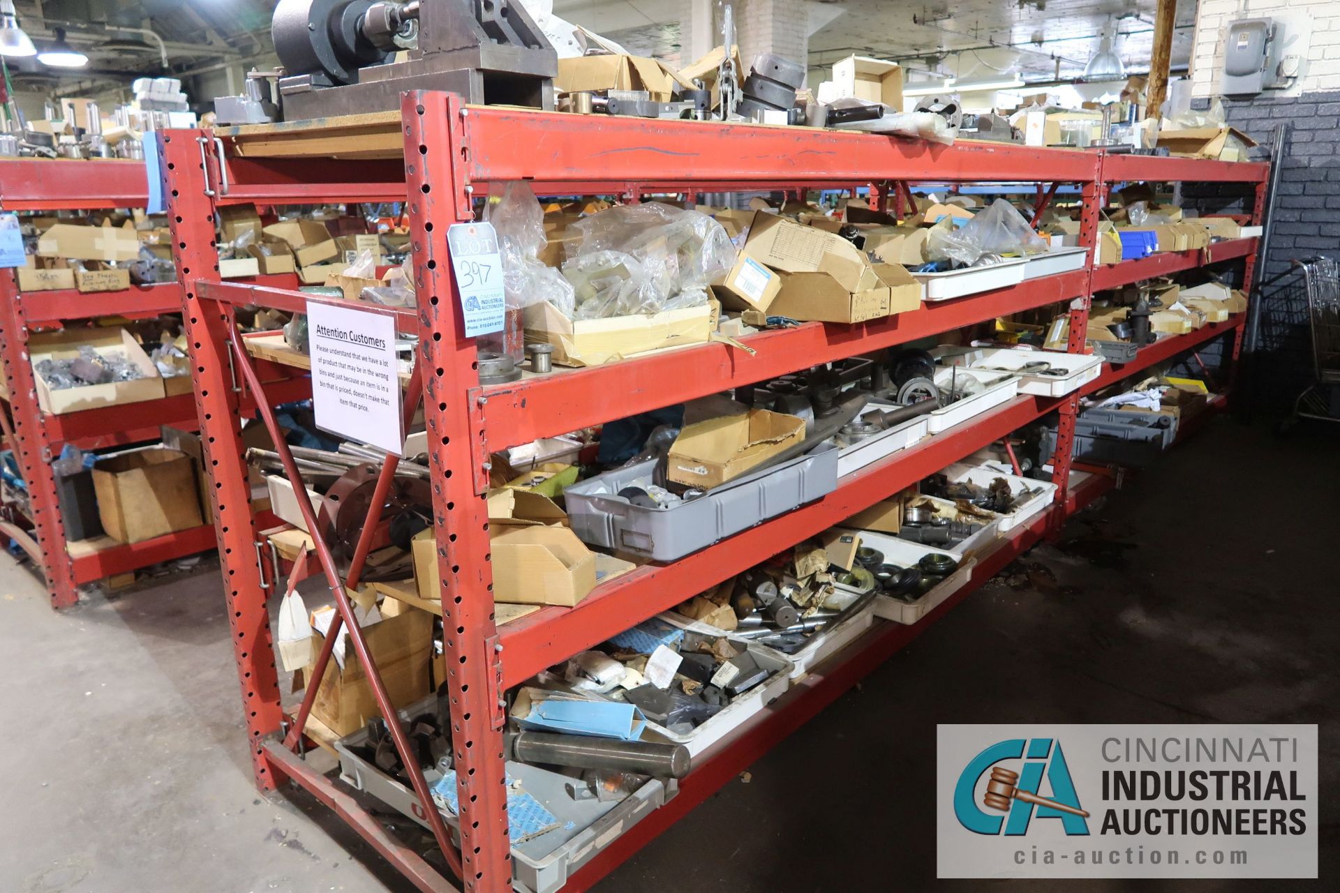 (LOT) ASSORTED TOOLING AND MACHINE PARTS AND HARDWARE ON (2) SECTIONS RED RACK AND ALSO IN BOXES - Image 2 of 17