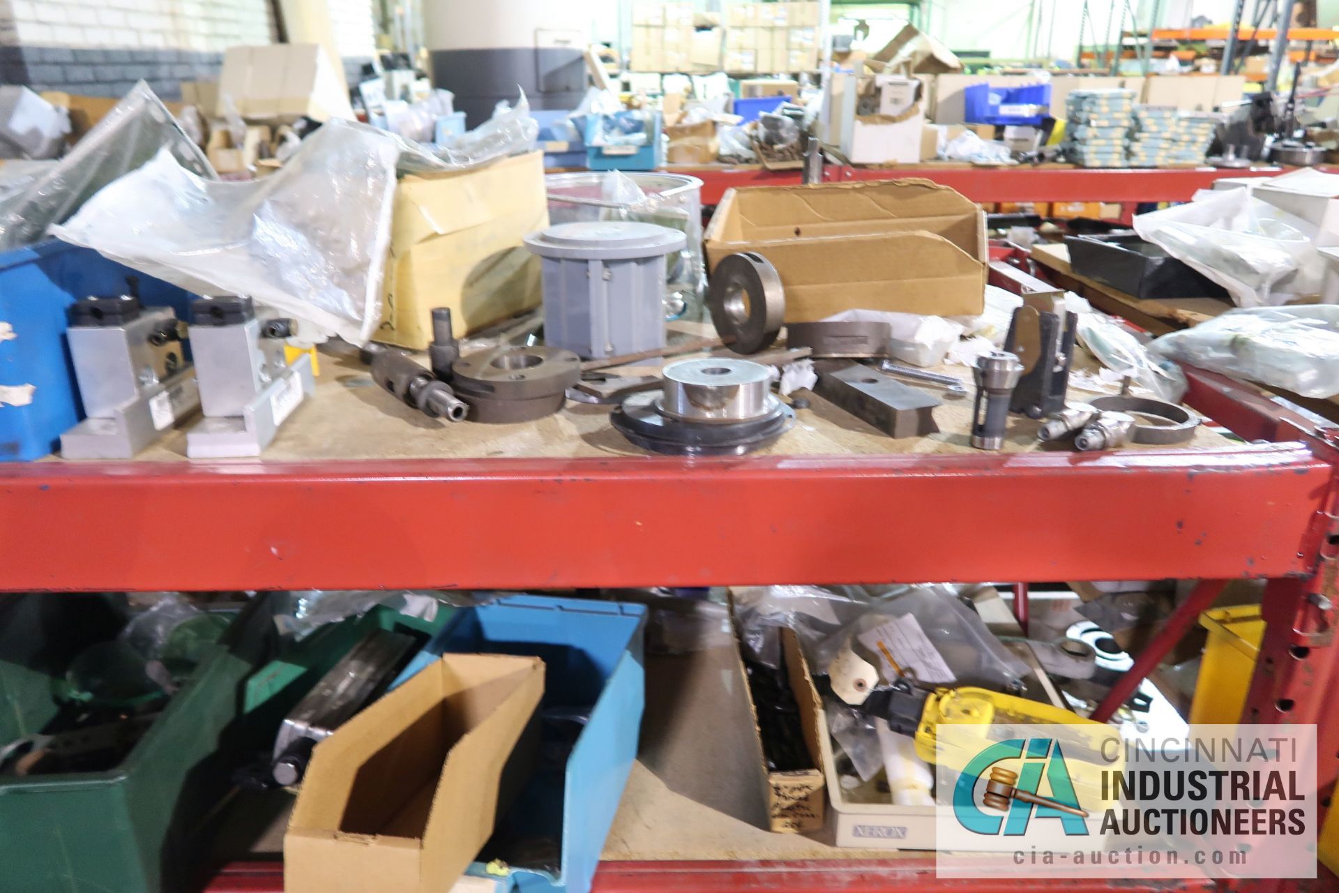 (LOT) ASSORTED TOOLING AND MACHINE PARTS AND HARDWARE ON (2) SECTIONS RED RACK AND ALSO IN BOXES - Image 7 of 17