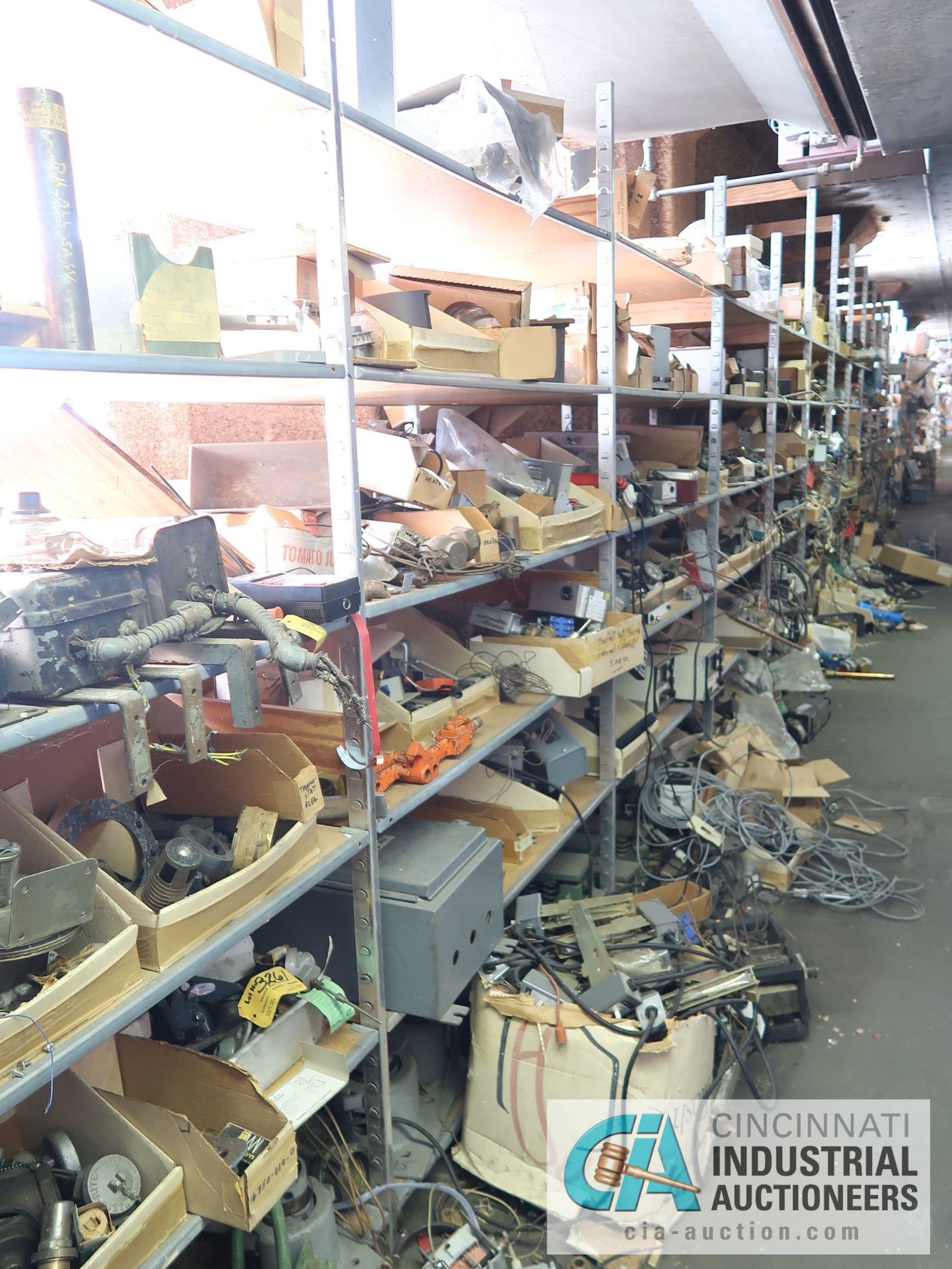 CONTENTS OF (16) SHELVES INCLUDING MISCELLANEOUS VALVES, THERMOSTATS, ANALYZERS, ELECTRICAL, CONTROL