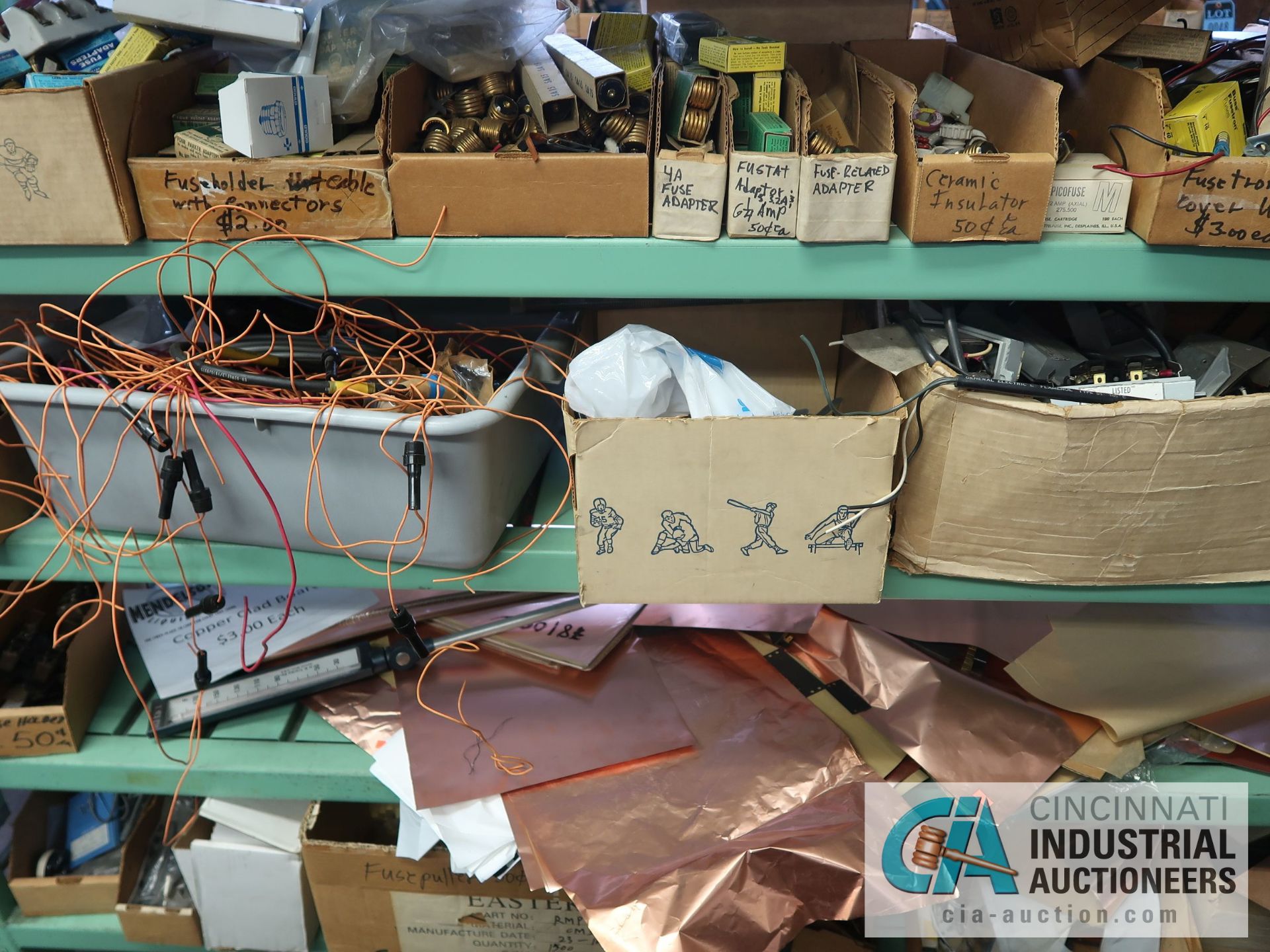 CONTENTS OF (5) RACKS INCLUDING MISCELLANEOUS CONNECTORS, COPPER SHEETS, CIRCUIT BOARDS, CASH - Image 14 of 26